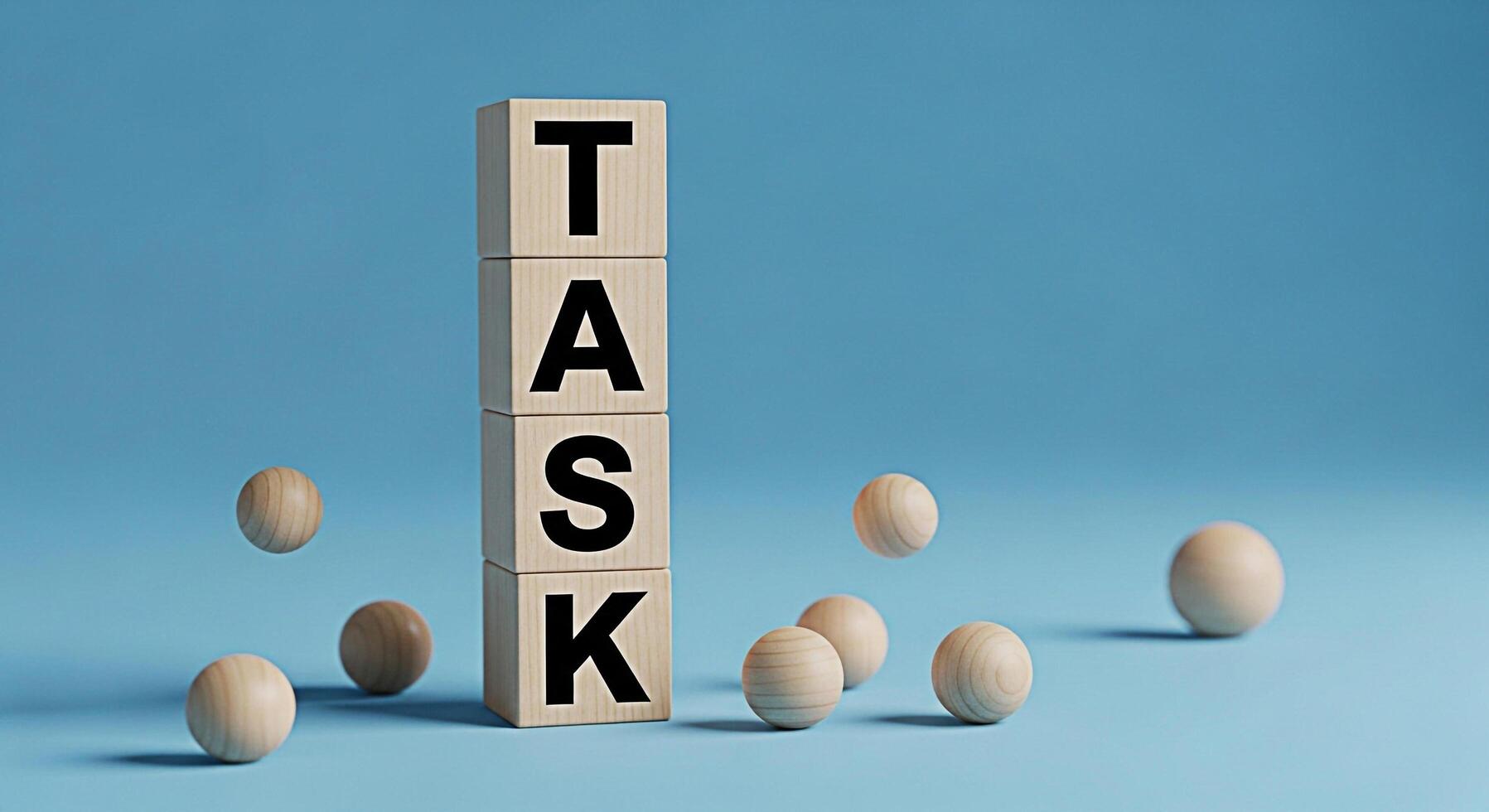 Wooden blocks displaying the word TASK surrounded by wooden spheres on a blue background representing project management and the importance of completing assignments with a sense of focus and determin photo
