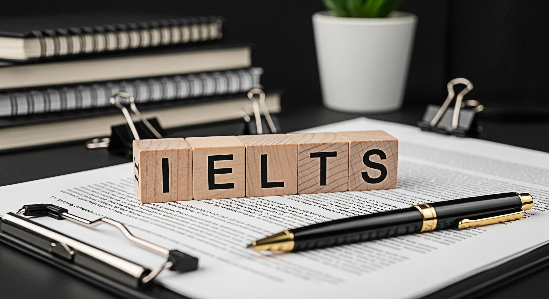 IELTS wooden blocks on a desk with a pen and documents symbolizing preparation and success in the International English Language Testing System creating a focused and professional learning environment photo