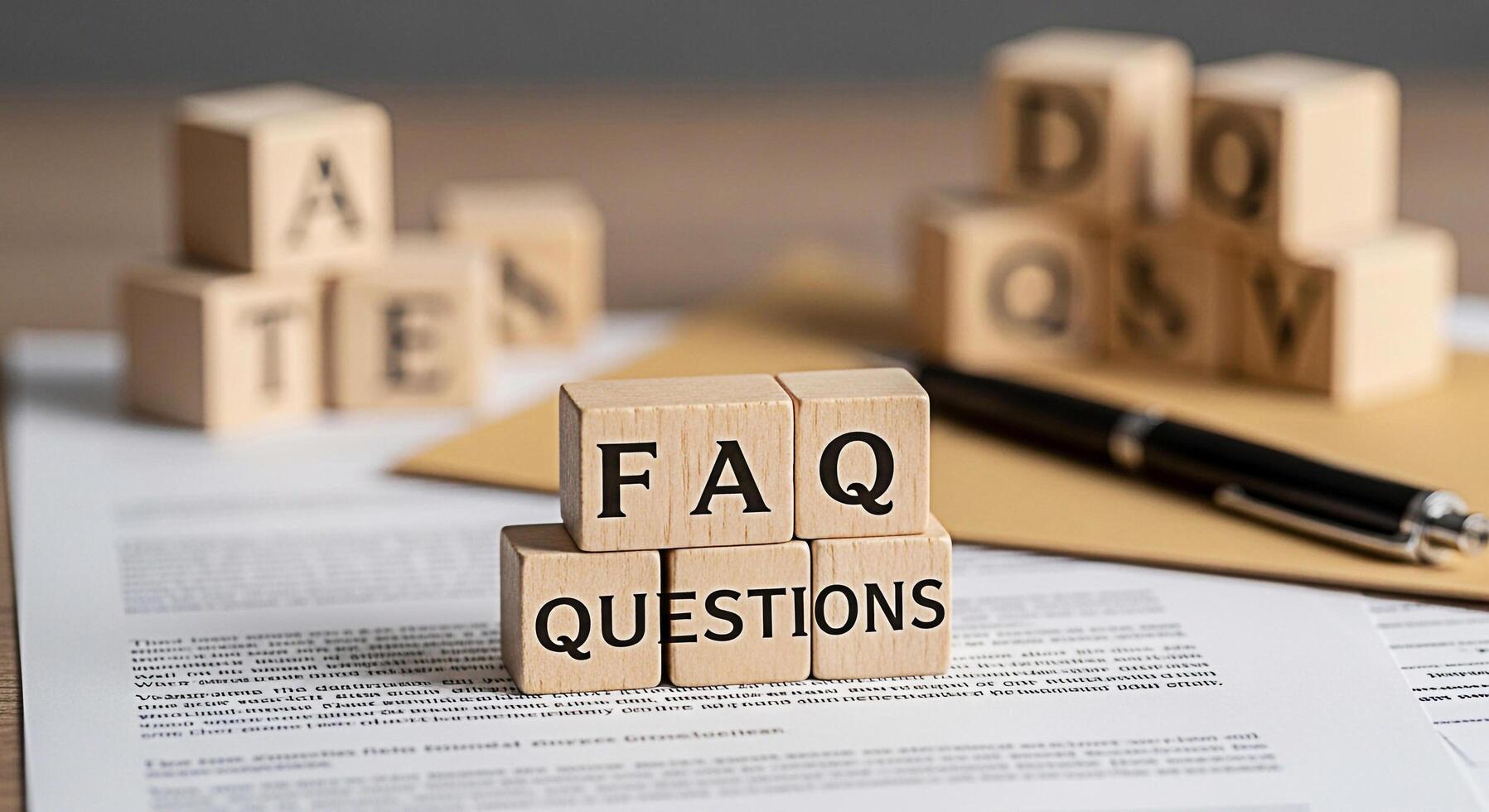 Wooden blocks displaying FAQ Questions on a desk with documents and a pen representing information access and customer service in a professional and informative setting promoting clarity and support photo