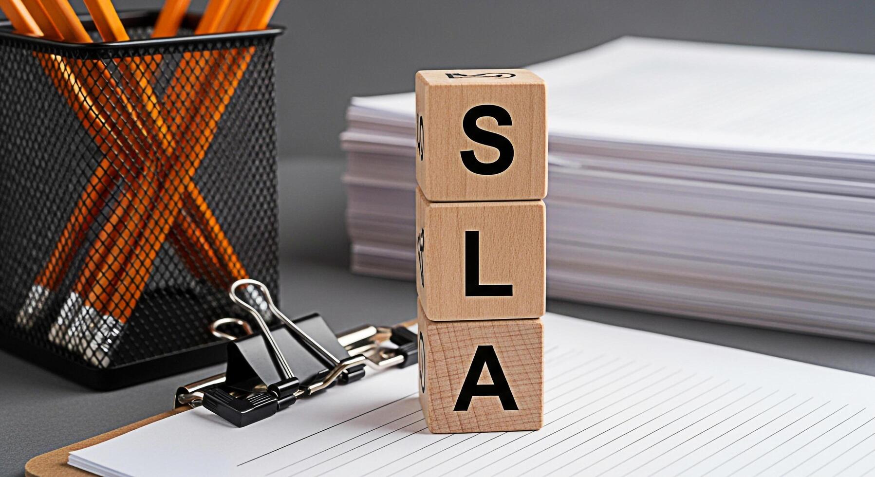 Wooden blocks spelling SLA resting on lined paper in a professional office environment emphasizing service level agreement and business commitment to quality and efficiency in operations photo