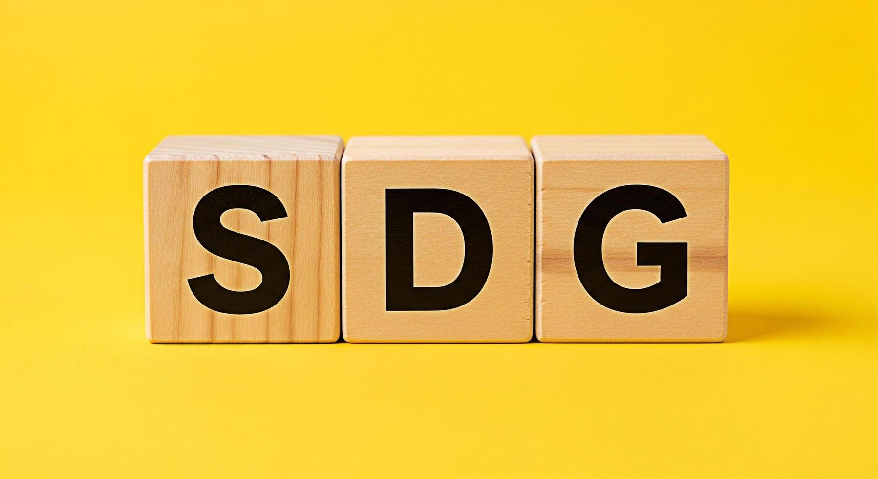 Wooden blocks displaying SDG on a vibrant yellow background symbolizing Sustainable Development Goals and promoting global partnership for a better future representing commitment and progress towards photo