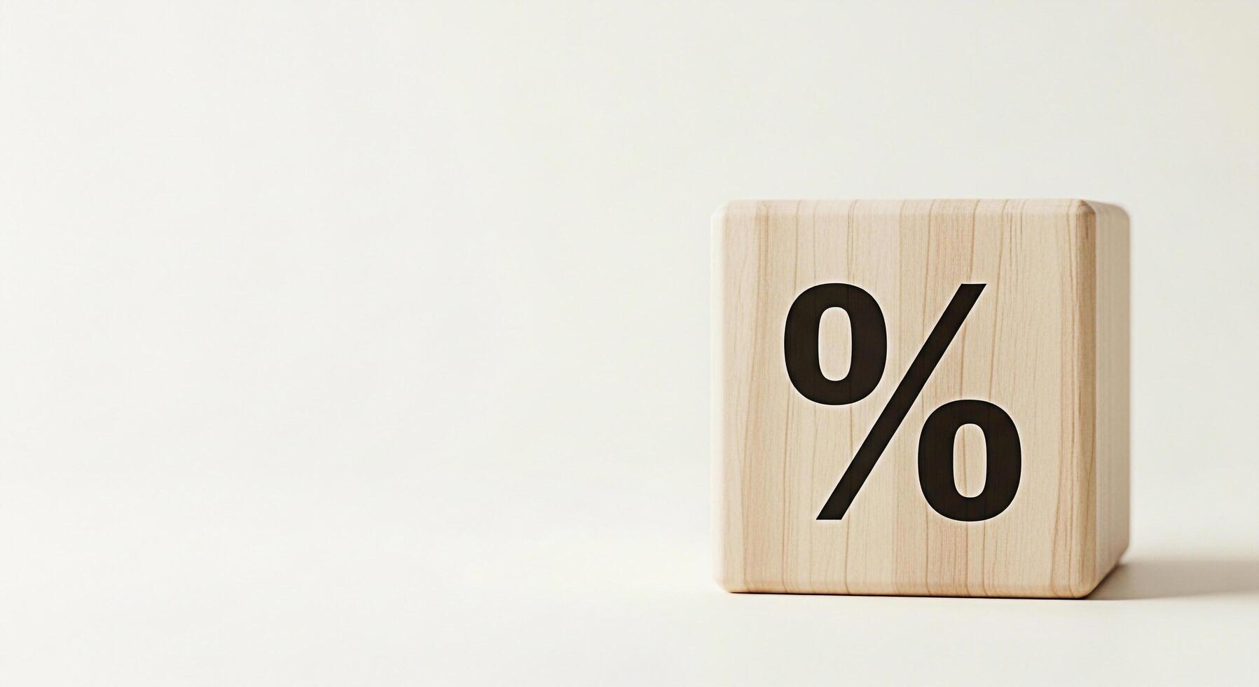 Wooden block displaying a percentage sign on a clean white surface symbolizing financial rates and discounts creating a sense of simplicity and focus on key numbers for business and marketing concepts photo