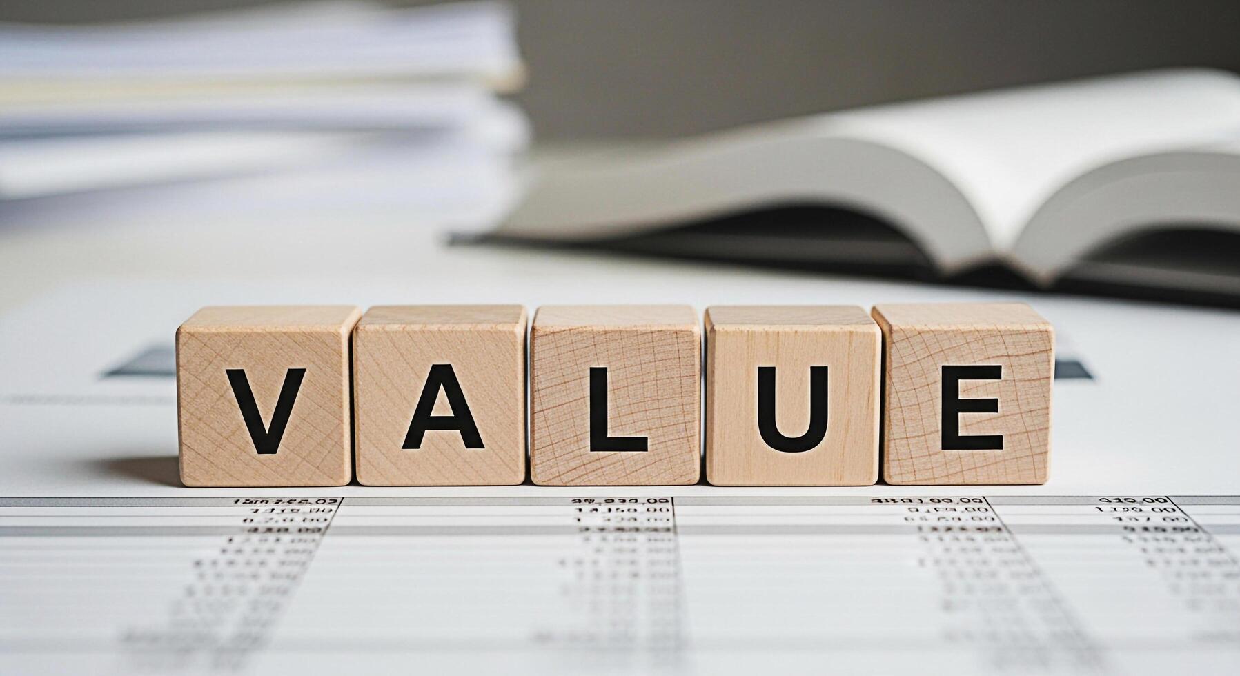 Wooden blocks spelling VALUE on financial report in bright office representing core business values investment strategy and ethical principles for longterm success and sustainable growth photo