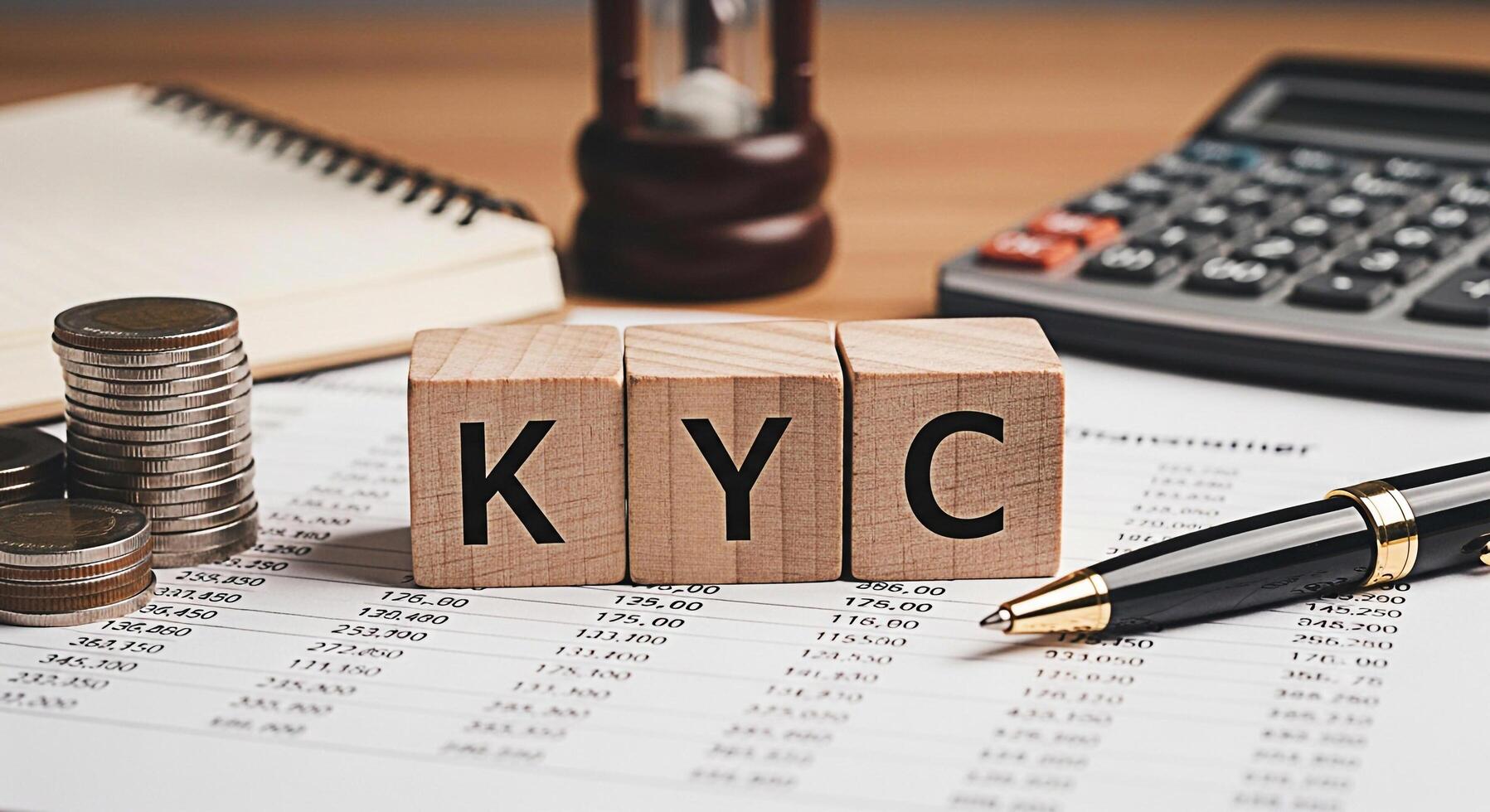KYC Know Your Customer concept on a wooden desk with financial documents coins pen and calculator representing compliance verification and regulatory requirements in a business setting photo
