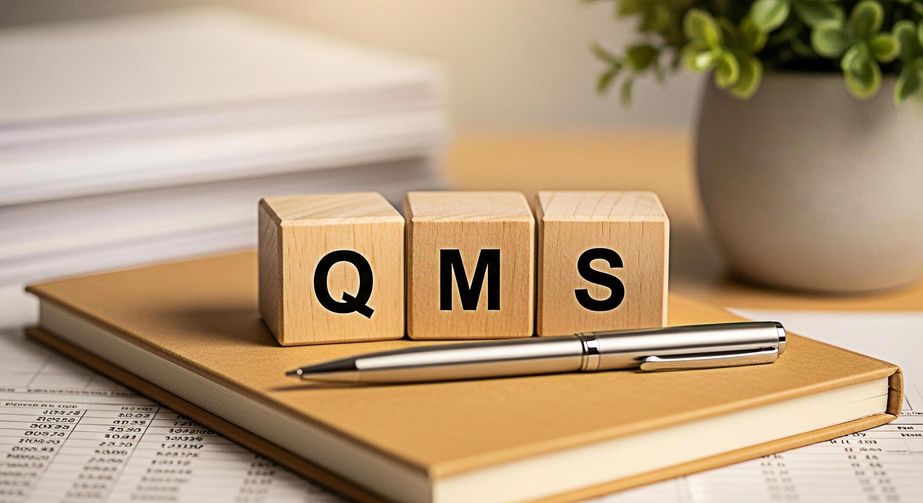 Wooden blocks displaying QMS on a tan notebook with a pen in a bright office setting symbolizing quality management system implementation and business process optimization for enhanced efficiency photo