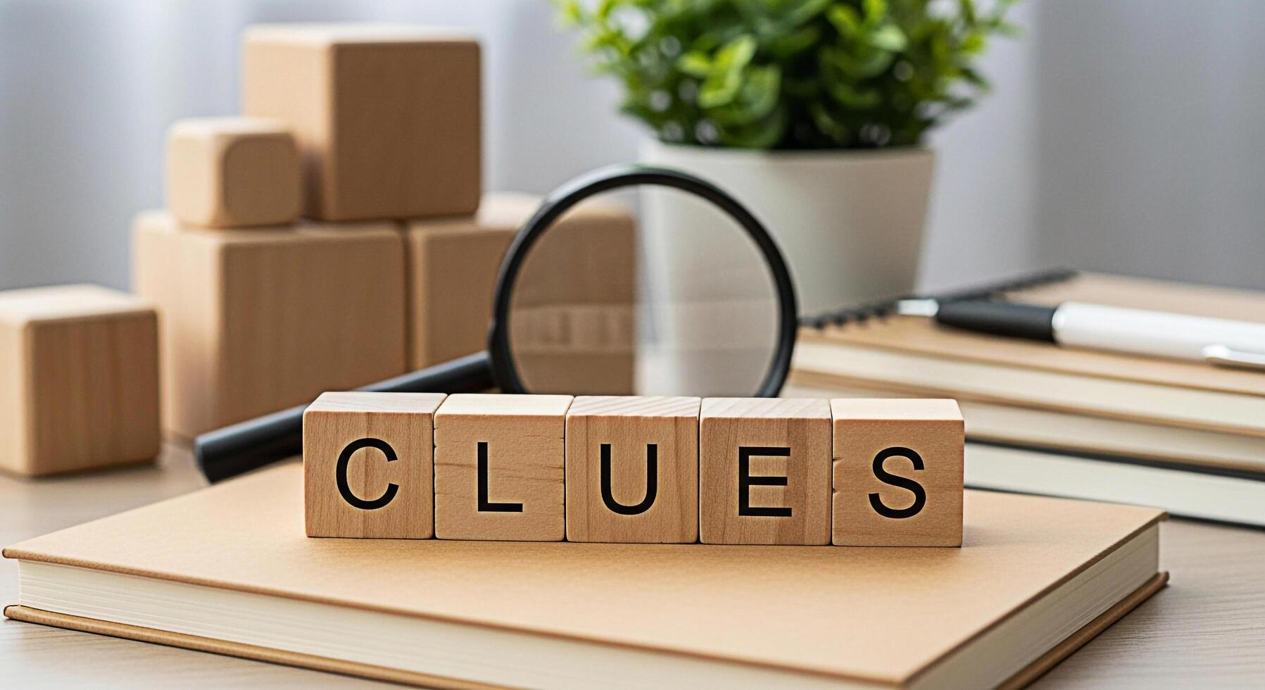 Wooden blocks spelling CLUES on a book with a magnifying glass in a bright organized office setting representing investigation problemsolving and the pursuit of answers in a professional environment photo