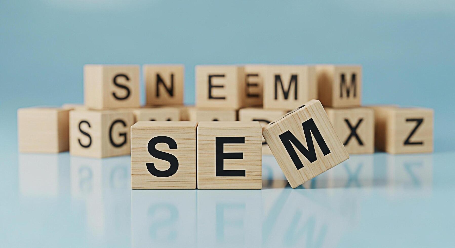 Wooden blocks spelling SEM on a reflective surface representing search engine marketing strategies and optimization techniques for online business growth and digital advertising success in a competiti photo