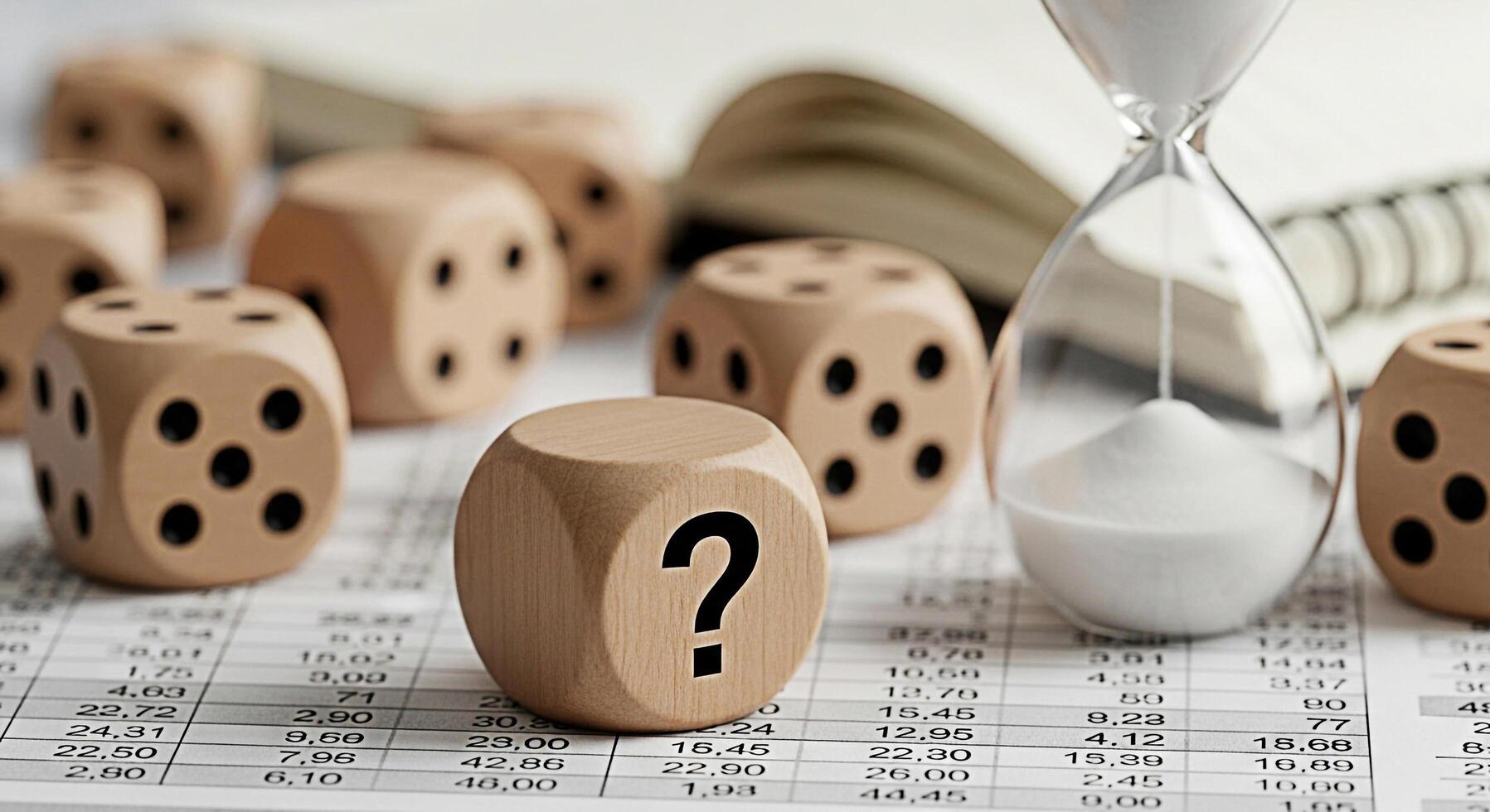 Wooden dice with a question mark and hourglass resting on financial data sheets symbolizing uncertainty risk assessment and timesensitive decisionmaking in a business environment photo