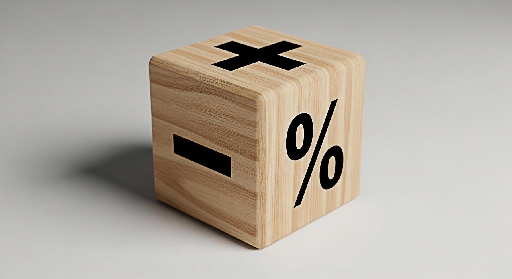 Wooden cube displaying mathematical symbols on a white surface representing calculation and financial concepts conveying a sense of precision and analytical thinking in a minimalist setting photo