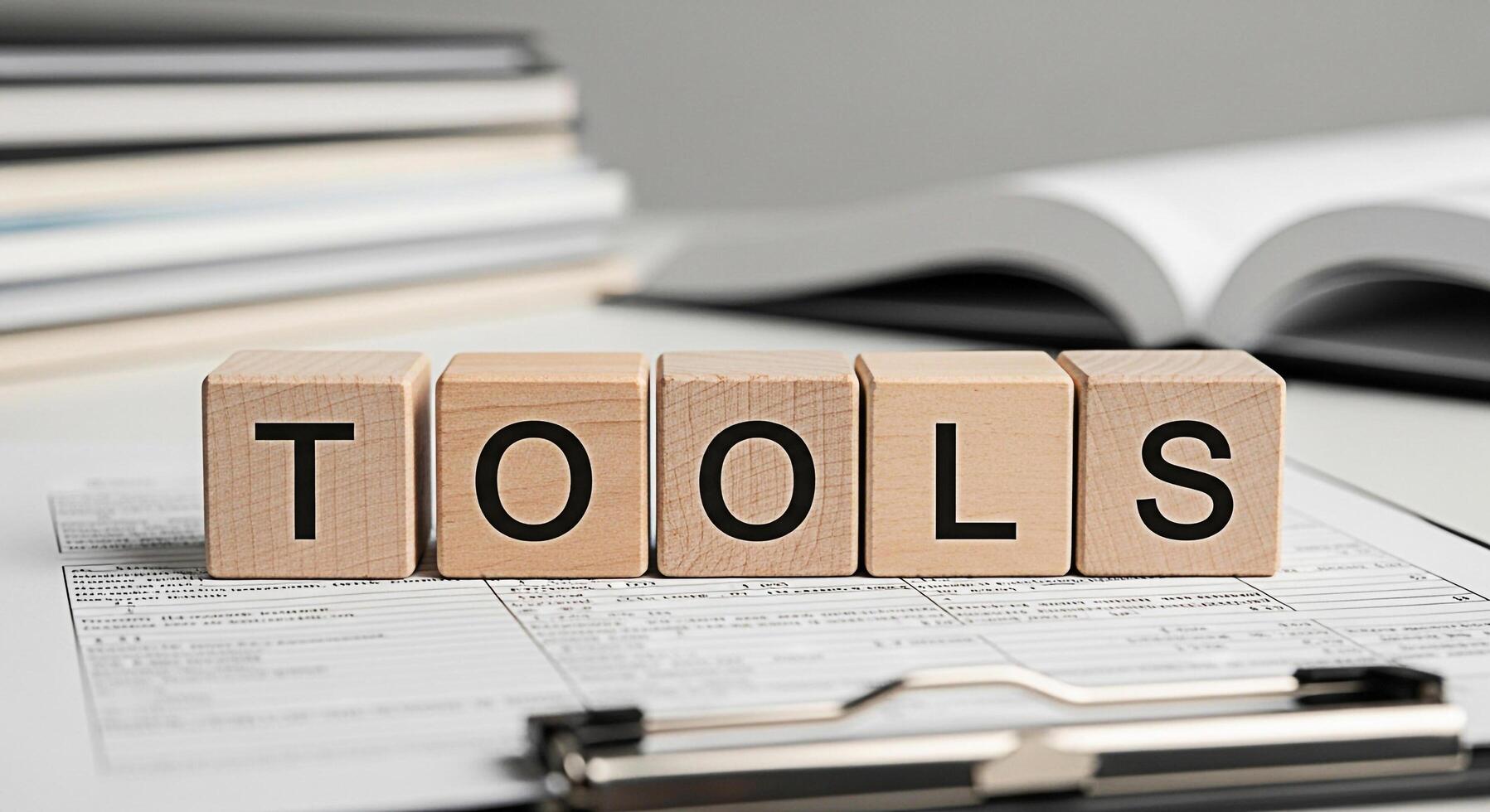 Wooden blocks spelling TOOLS resting on a form with an open book in the background representing resources and instruments needed for success in a professional and educational setting photo