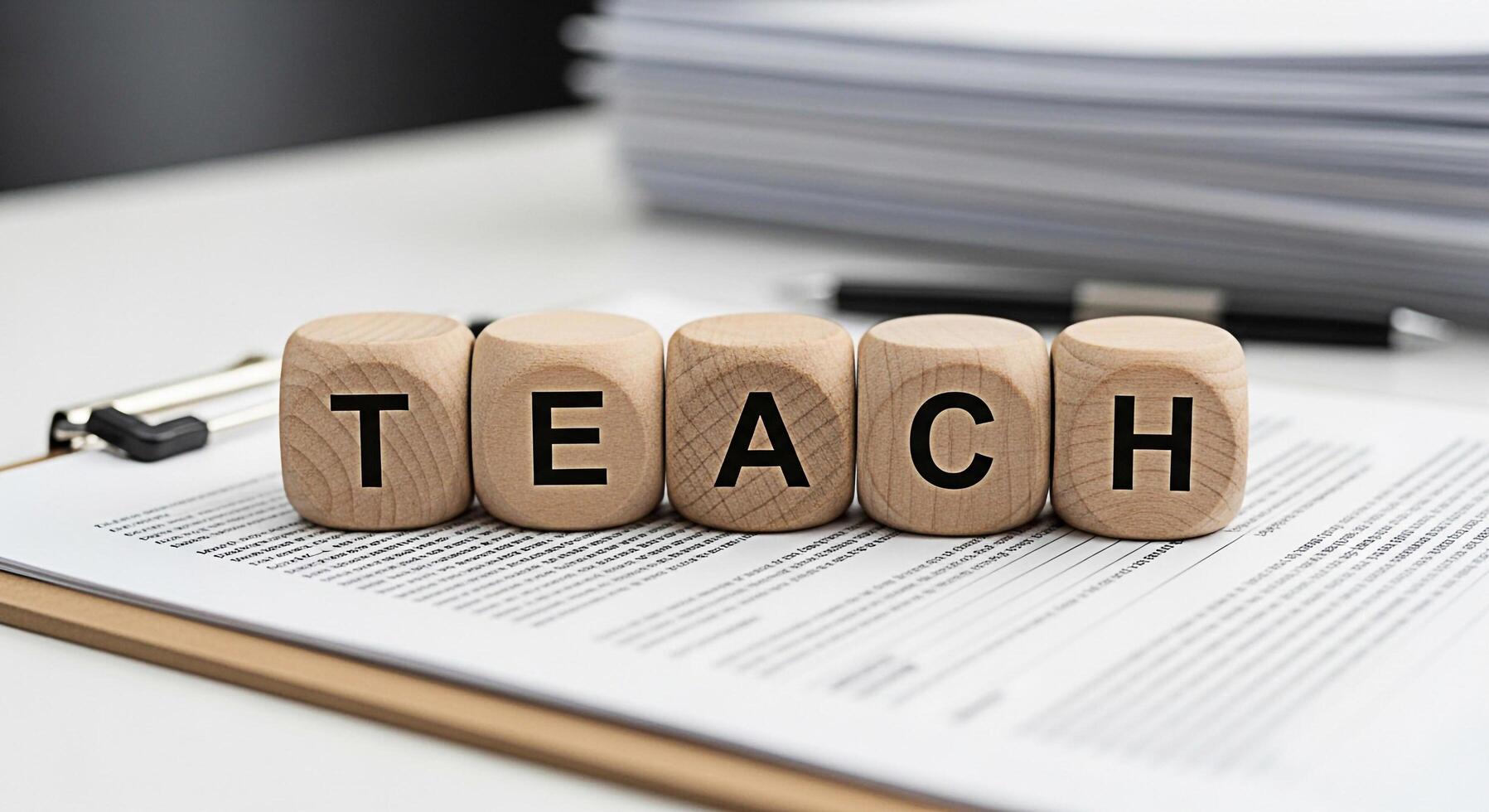 Wooden blocks spelling TEACH on a clipboard in a bright office representing education learning and the importance of knowledge sharing in a professional and academic environment photo