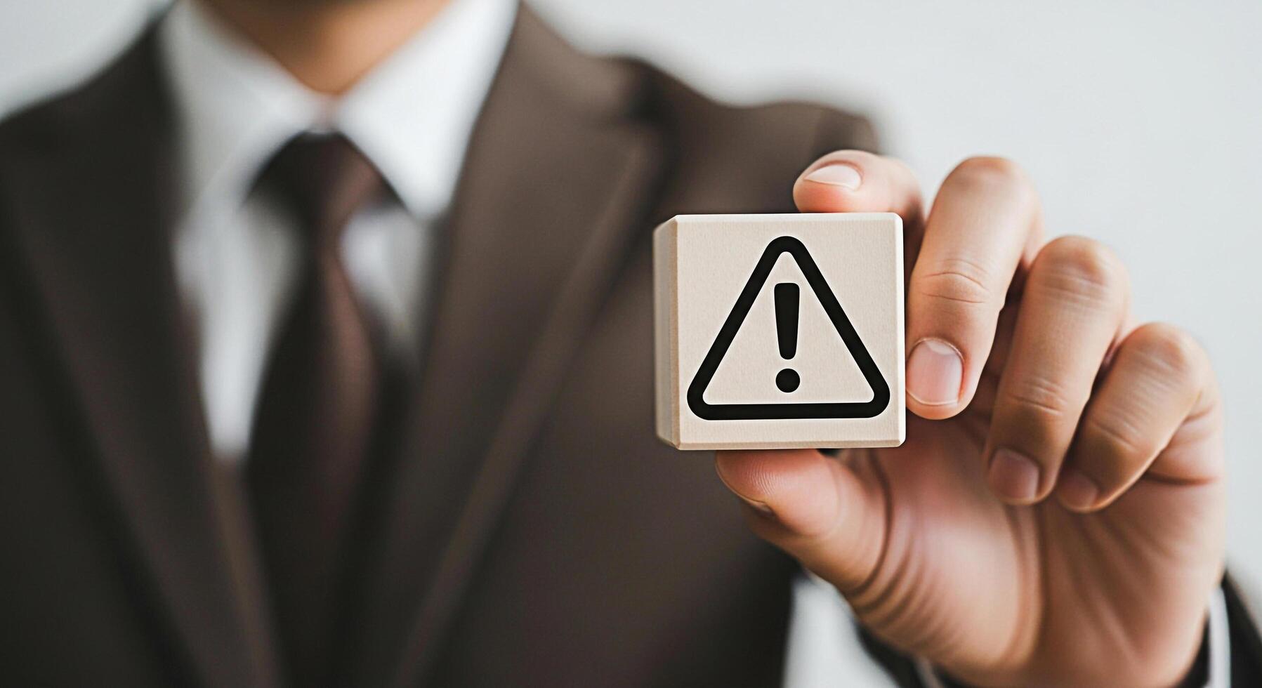 Professional businessman in a suit holding a wooden block with an exclamation mark indoors symbolizing a warning caution or potential risk in business and project management with a serious and urgent photo