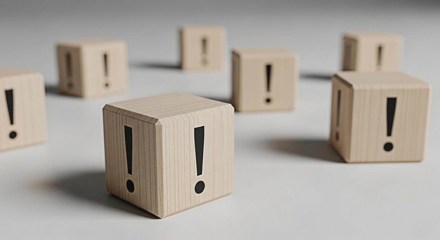 Wooden blocks displaying exclamation points on a white surface symbolizing urgent attention and important information creating a sense of alert and caution in a minimalist setting photo