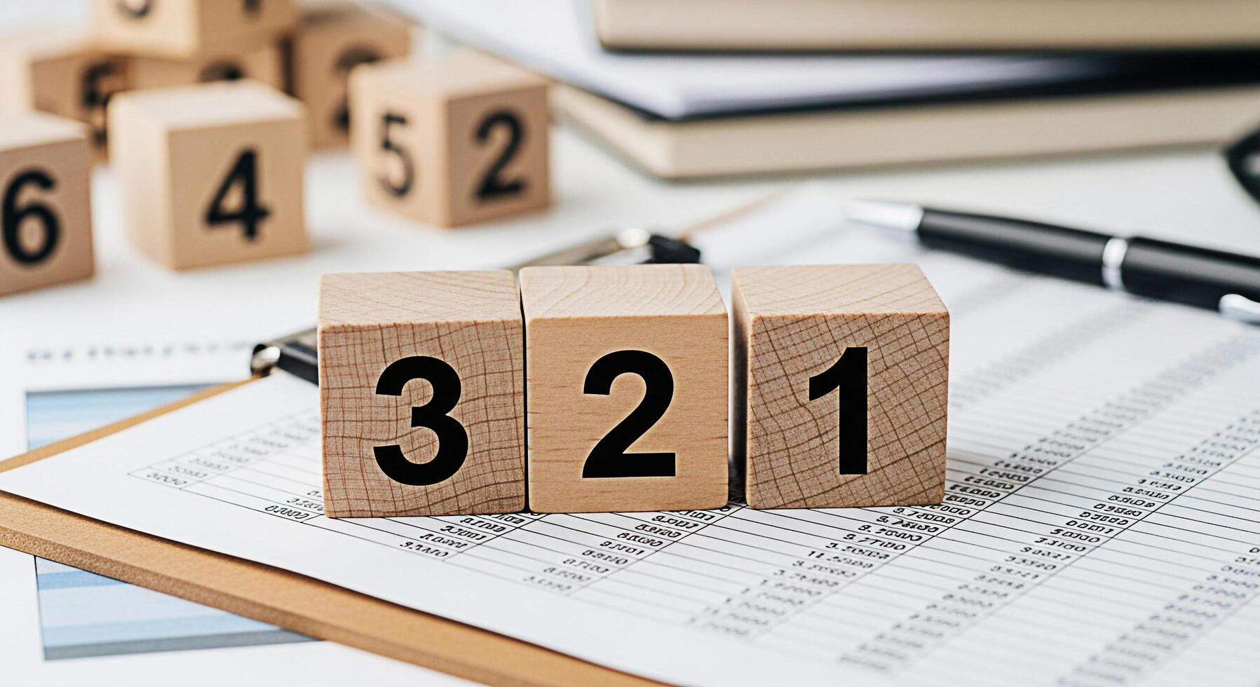 Wooden number blocks counting down on a financial report symbolizing countdown planning and financial analysis in a business environment suggesting precision and strategic thinking for success photo