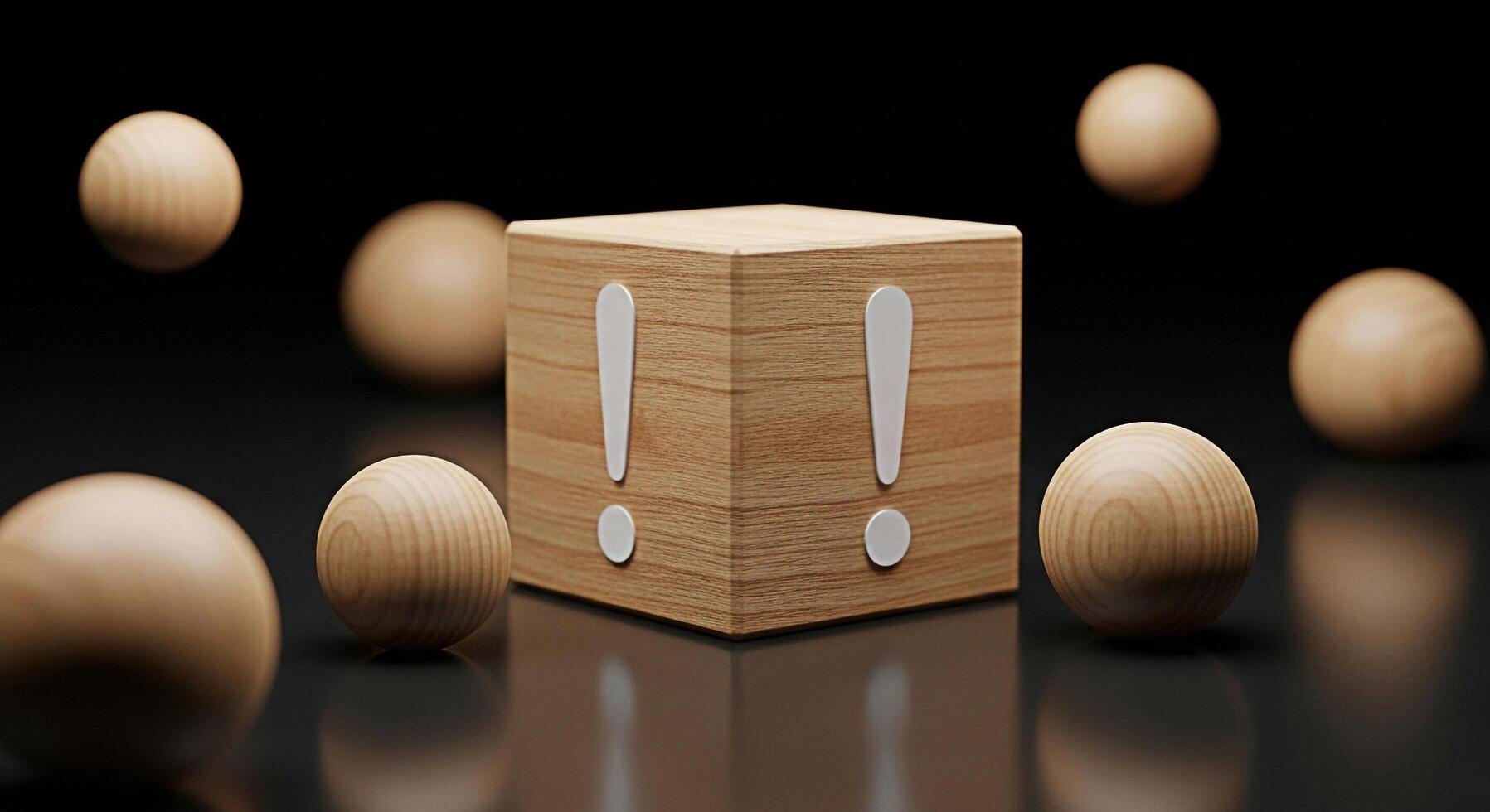 Wooden cube with exclamation marks standing out among wooden spheres on a reflective black surface creating a sense of urgency and attention emphasizing importance and highlighting a critical message photo