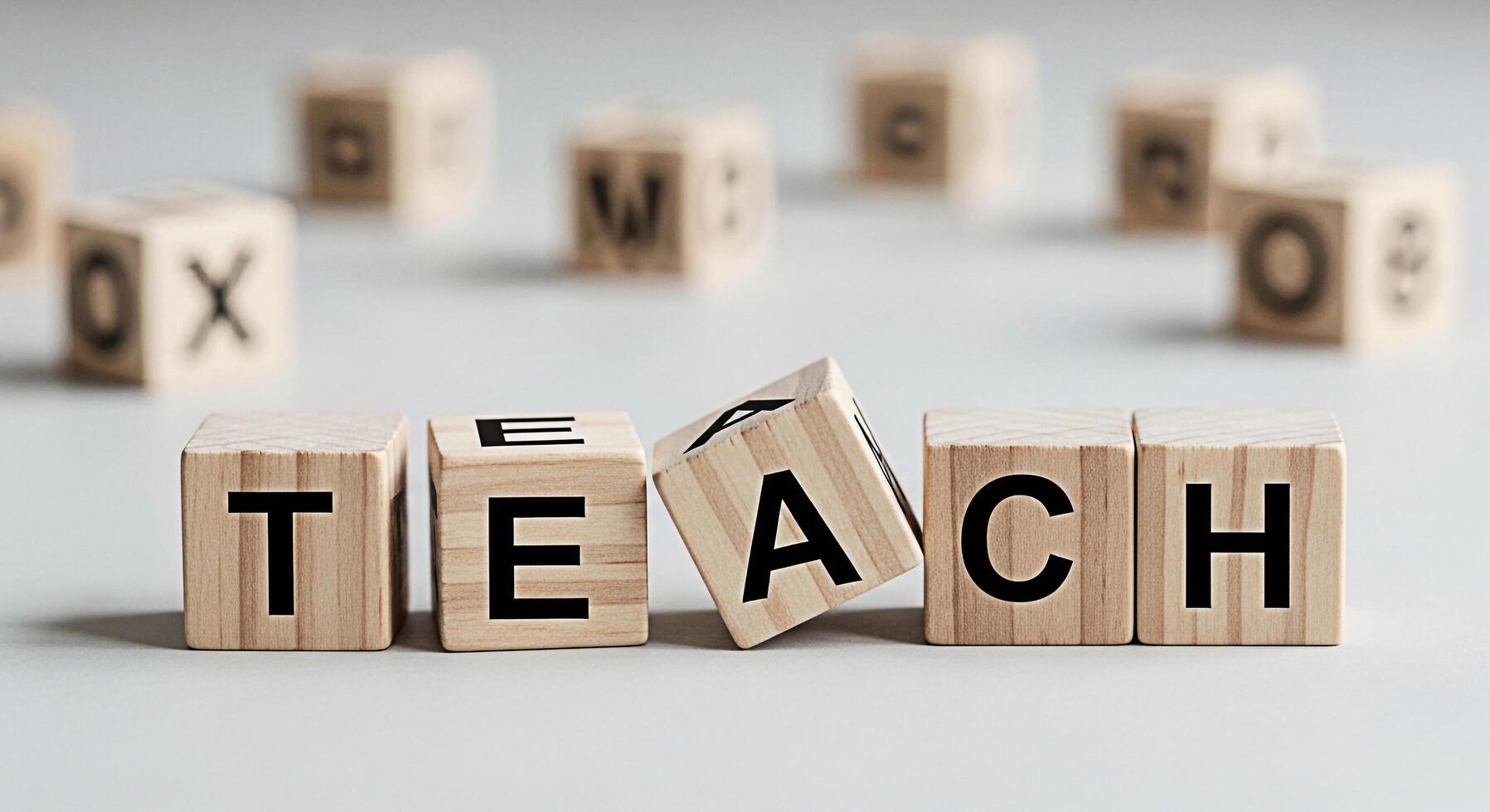 Wooden blocks spelling TEACH on a white surface emphasizing education and learning in a classroom setting creating a positive and inspiring mood for students and educators alike photo