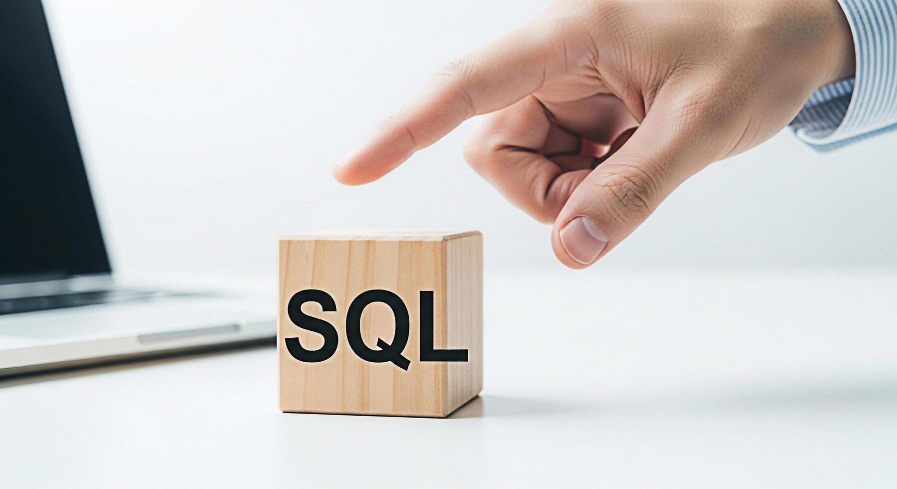 Hand pointing at a wooden cube with SQL inscription on a white desk with a laptop in the background representing database management and structured query language in a modern office environment photo