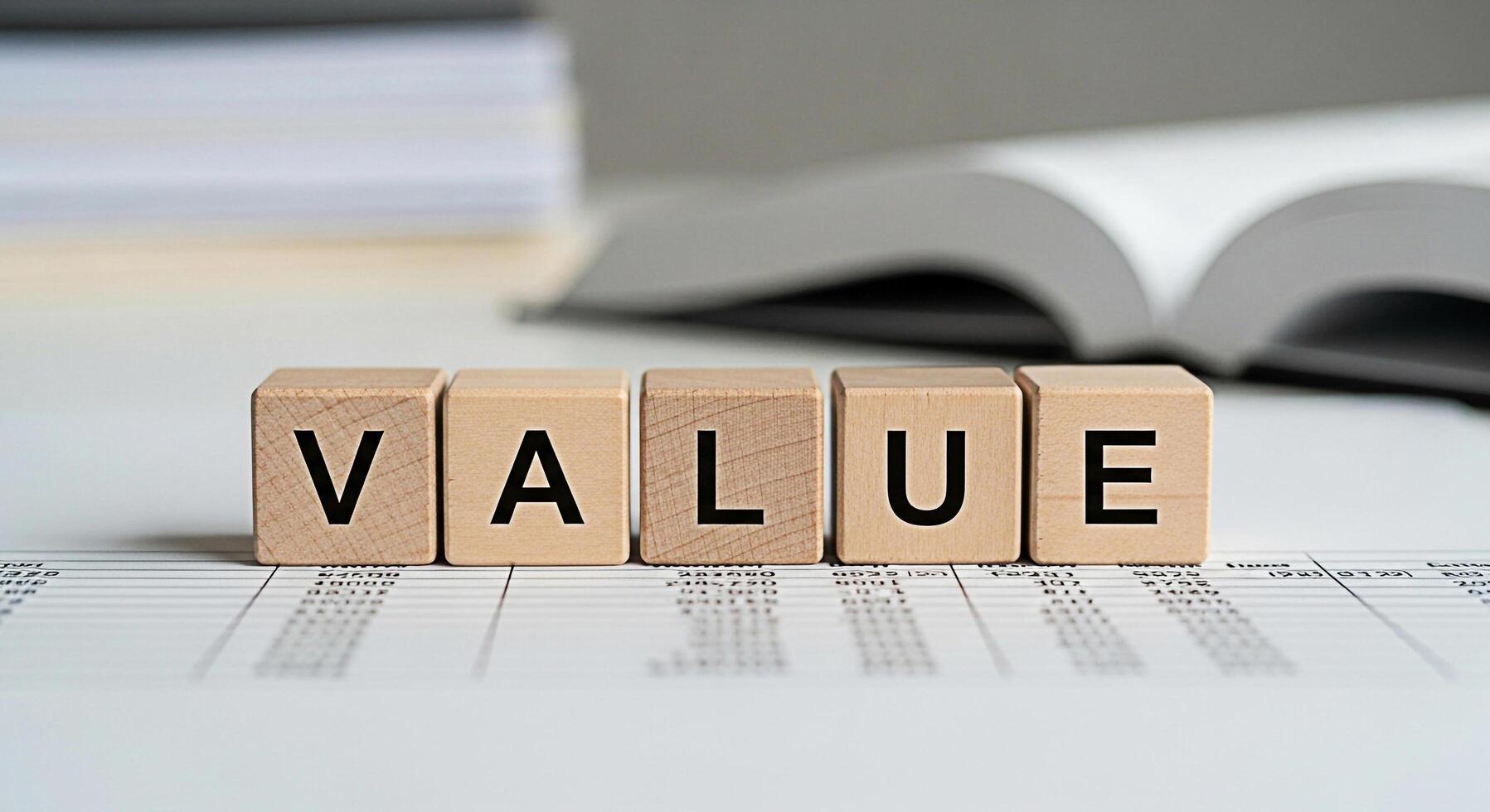 Wooden blocks spelling VALUE on a financial spreadsheet in a bright office representing business ethics integrity and the importance of core values in achieving success and building trust photo