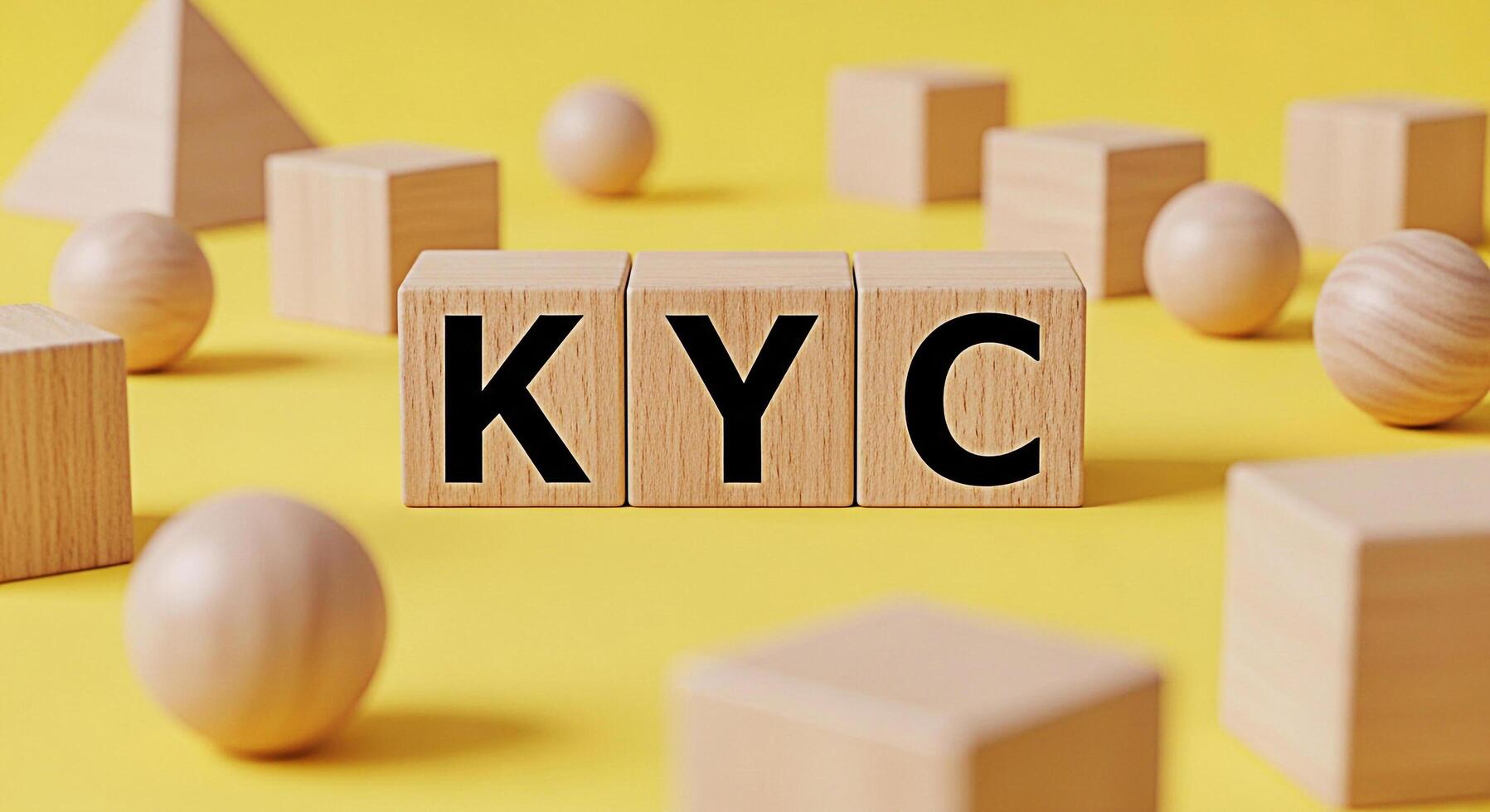 Wooden blocks spelling KYC on a bright yellow surface surrounded by geometric shapes representing compliance and identity verification in a modern minimalist setting conveying trust and security photo