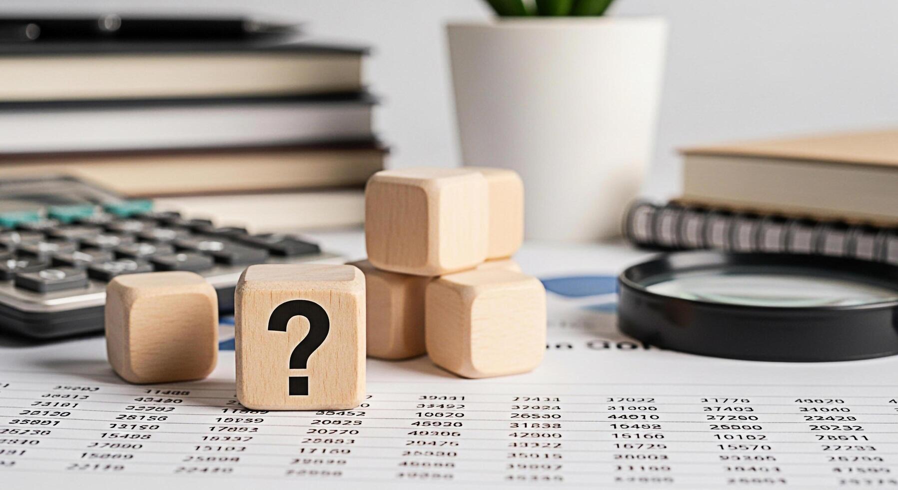 Wooden blocks displaying a question mark on a financial document surrounded by a calculator magnifying glass and books in a bright office setting symbolizing financial uncertainty and analysis photo