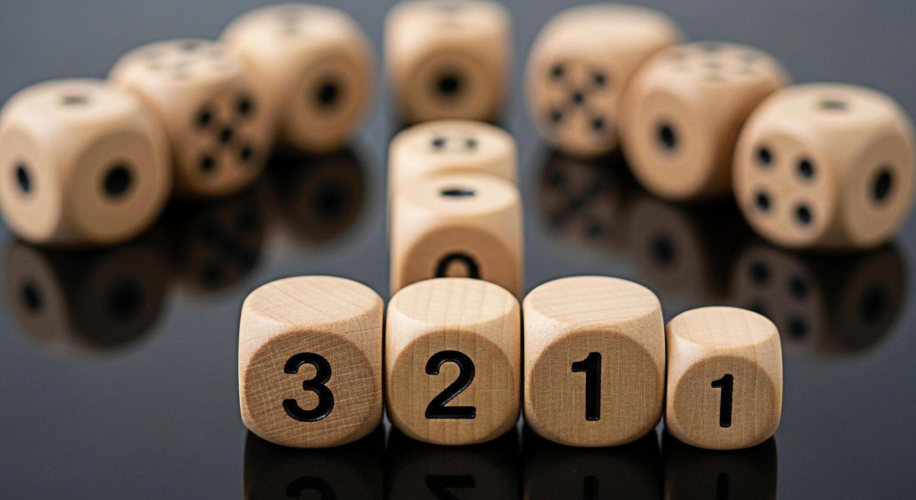 Wooden dice displaying sequence numbers on a reflective surface representing chance and probability in a casino setting conveying a sense of anticipation and excitement for games of luck and strategic photo
