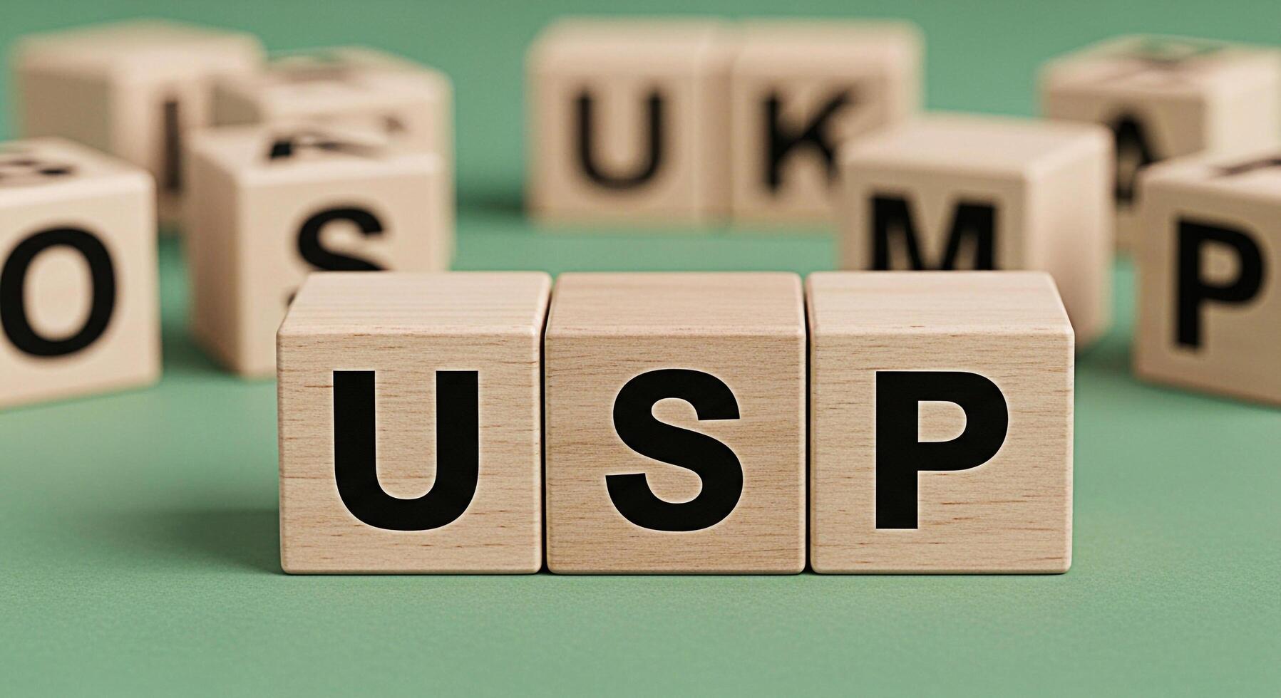 Wooden blocks spelling USP on a green surface symbolizing a unique selling proposition highlighting business strategy and competitive advantage in a simple eyecatching and conceptual composition photo