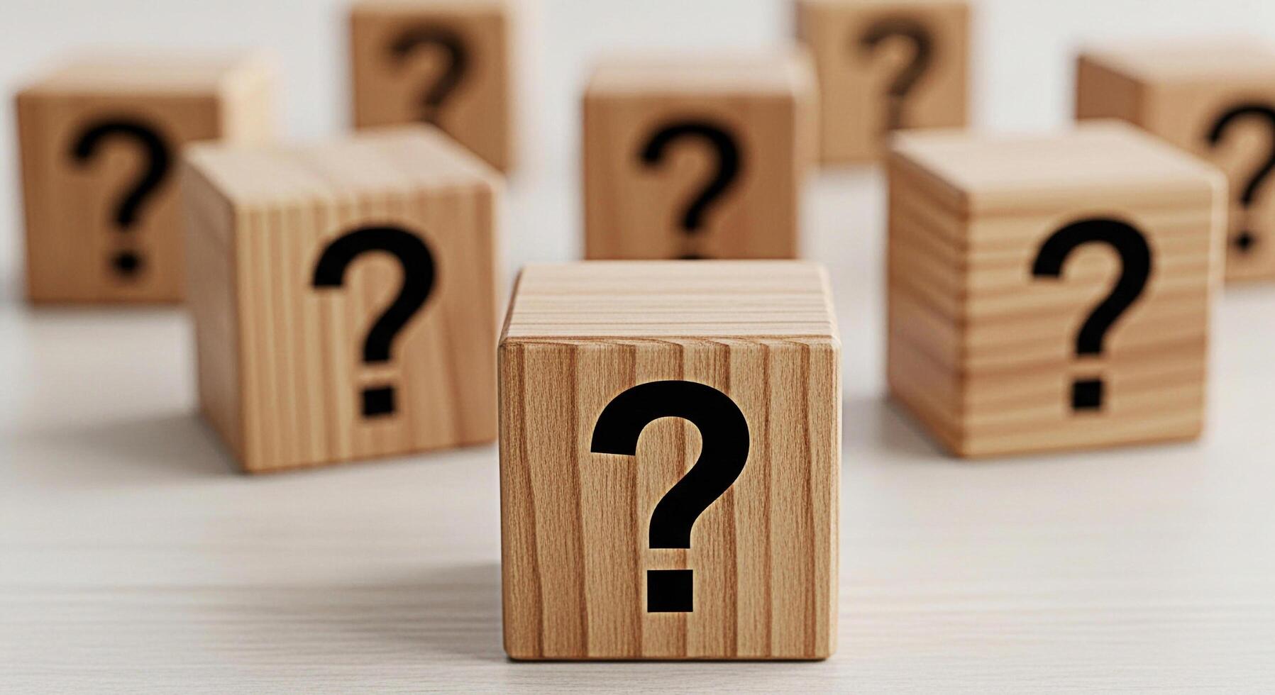 Wooden blocks displaying question marks on a white surface representing uncertainty and the search for answers in a clean and minimalist setting evoking curiosity and the exploration of unknown possib photo