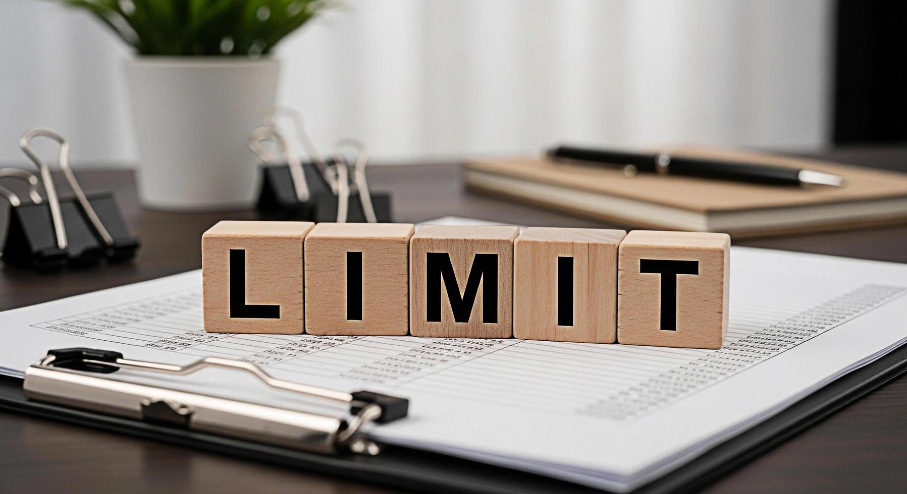 Wooden blocks spelling LIMIT on a clipboard in a professional office setting symbolizing boundaries restrictions and the importance of setting limits for success and wellbeing in business photo