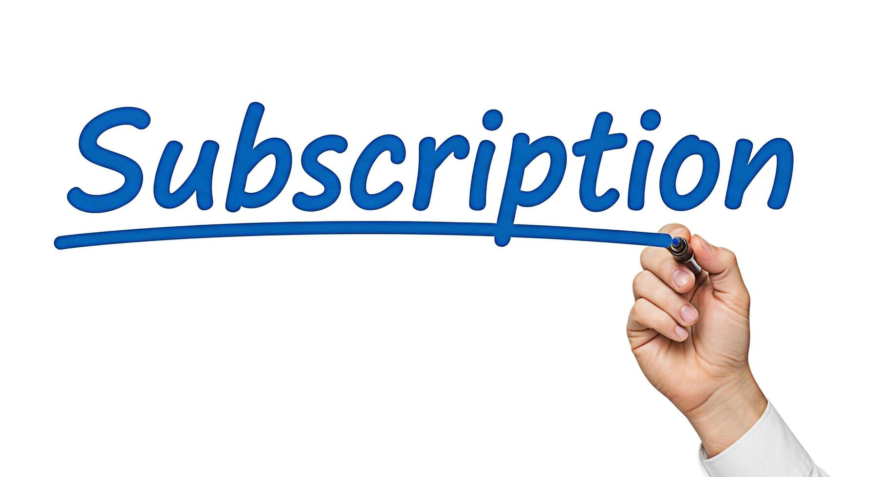 Hand underlining the word Subscription in blue marker on a white background representing a commitment to ongoing service and a sense of reliability and trust in the business relationship photo
