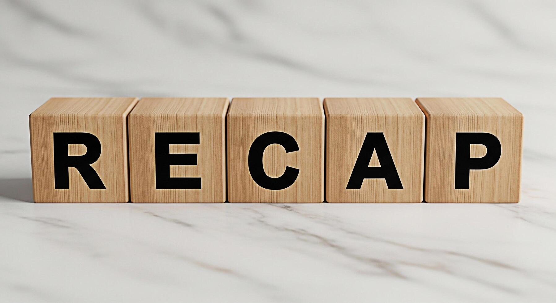 Wooden blocks spelling RECAP on a marble surface representing a summary and review of past events in a clean and minimalist setting conveying a sense of clarity and reflection photo