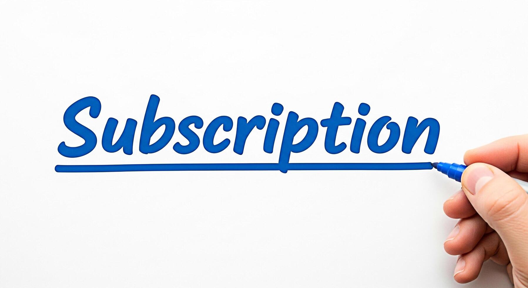 Hand underlining the word Subscription on a white background with a blue marker emphasizing the concept of membership access and recurring payments for services or content photo
