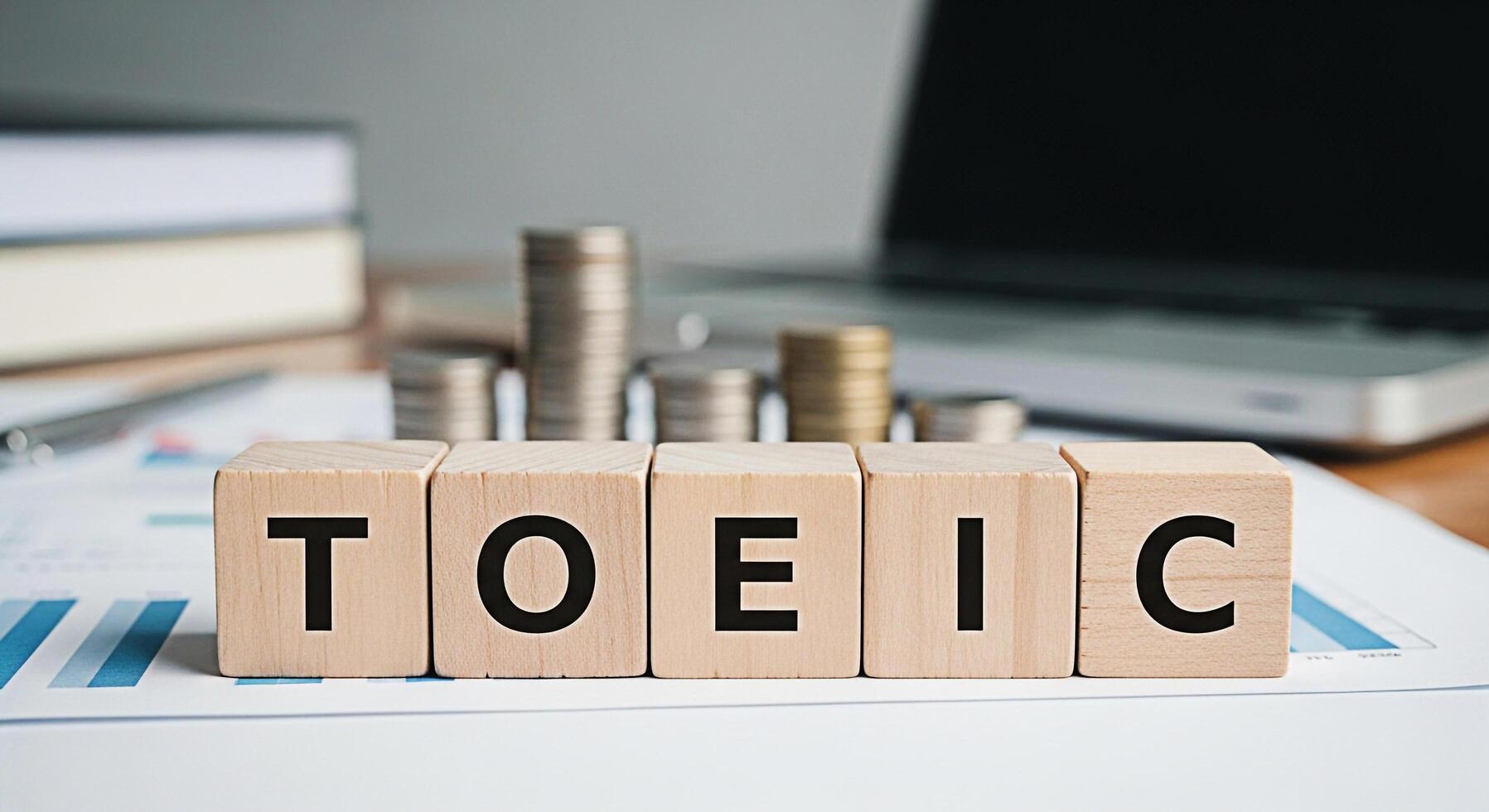 Wooden blocks spelling TOEIC on a financial report in a bright office setting symbolizing the importance of English proficiency for career advancement and global business success creating a mood of am photo