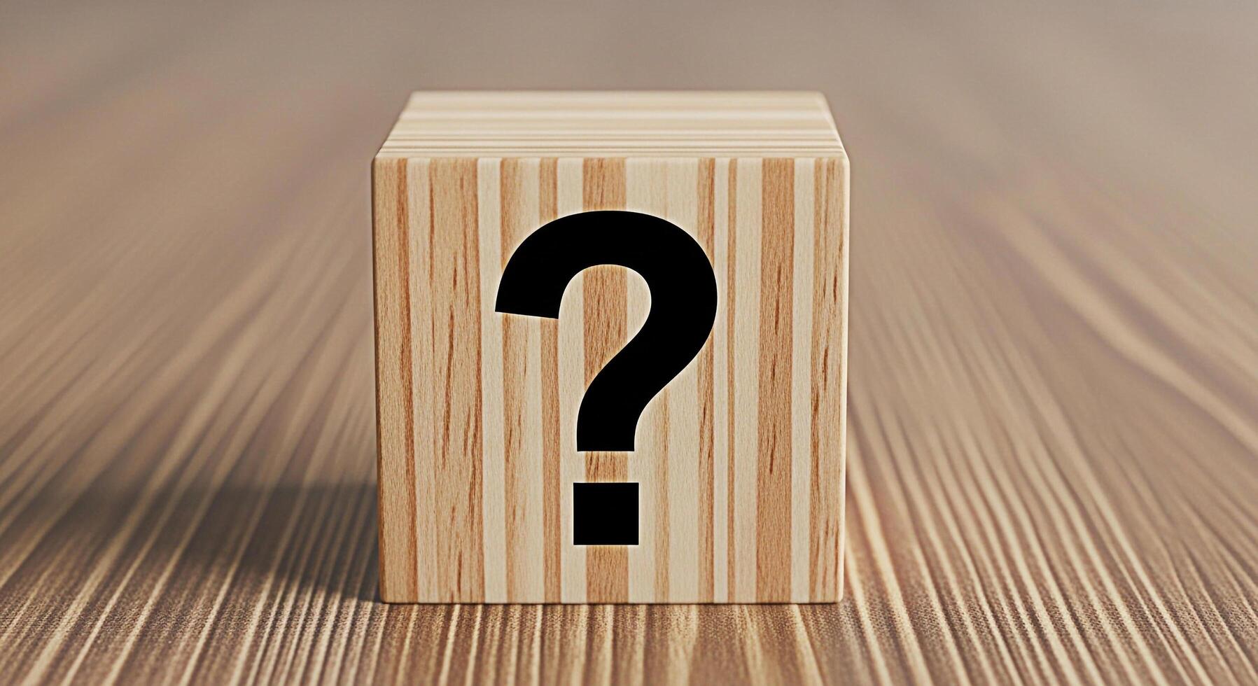 Wooden cube displaying a question mark on a textured wooden surface symbolizing uncertainty and the search for answers in a natural and simple setting evoking curiosity and problemsolving photo