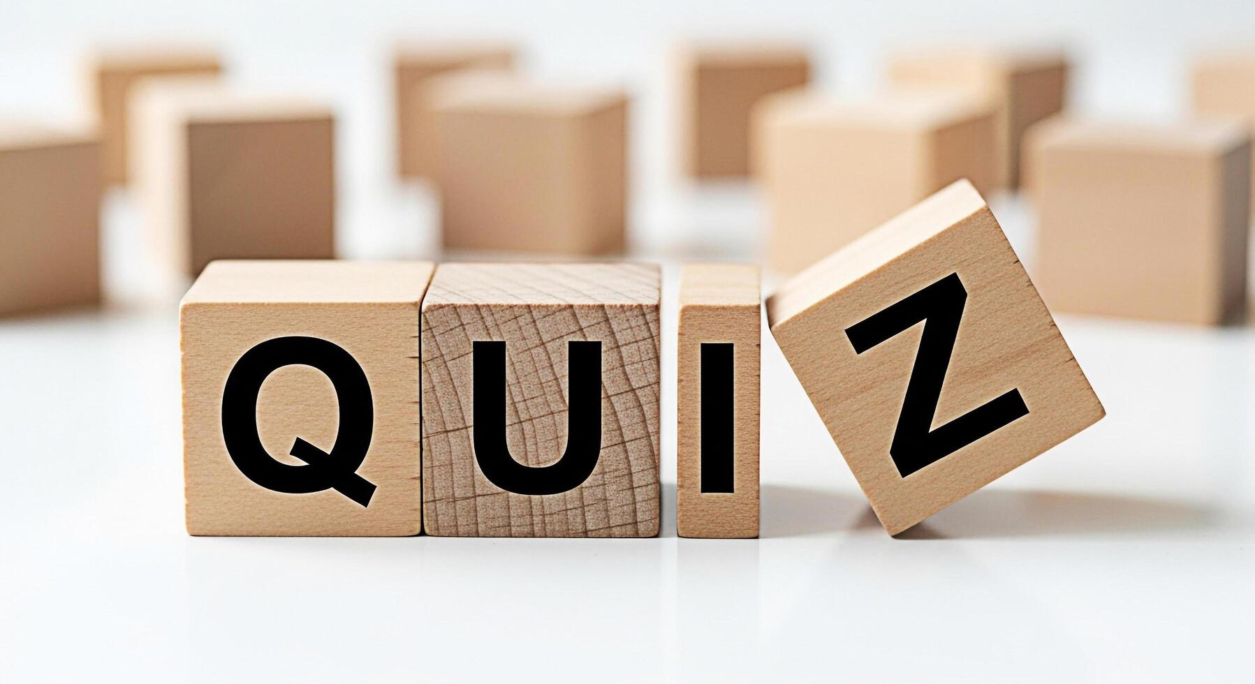 Wooden blocks spelling out QUIZ on a white surface surrounded by blurred blocks creating a playful and educational atmosphere perfect for online learning and interactive content creation photo