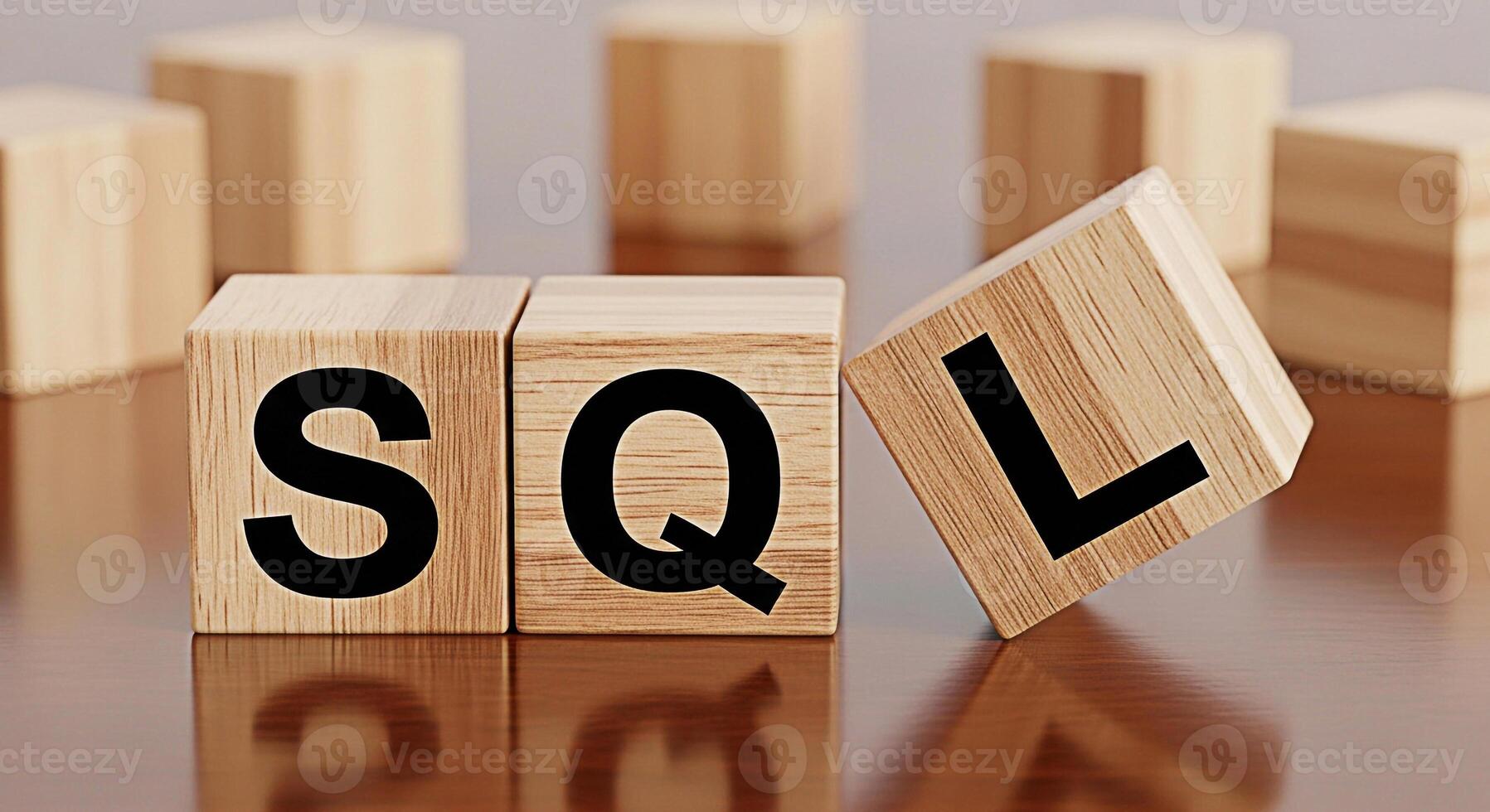 de madera bloques ortografía sql en un reflexivo de madera superficie representando base de datos administración y datos preguntando transporte un concepto de estructurado datos y información tecnología en un limpiar y moderno conjunto foto