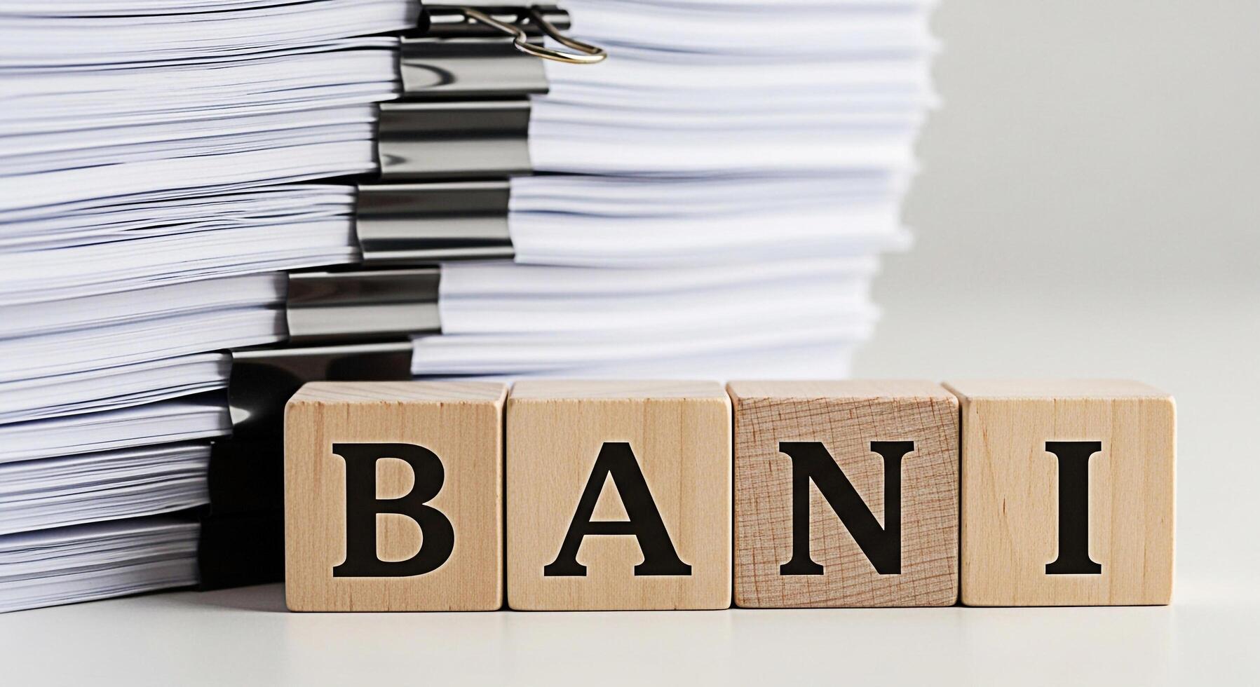 Wooden blocks spelling out BANI in front of a stack of documents on a white desk representing the Brittle Anxious Nonlinear Incomprehensible world conveying a sense of uncertainty and complexity photo
