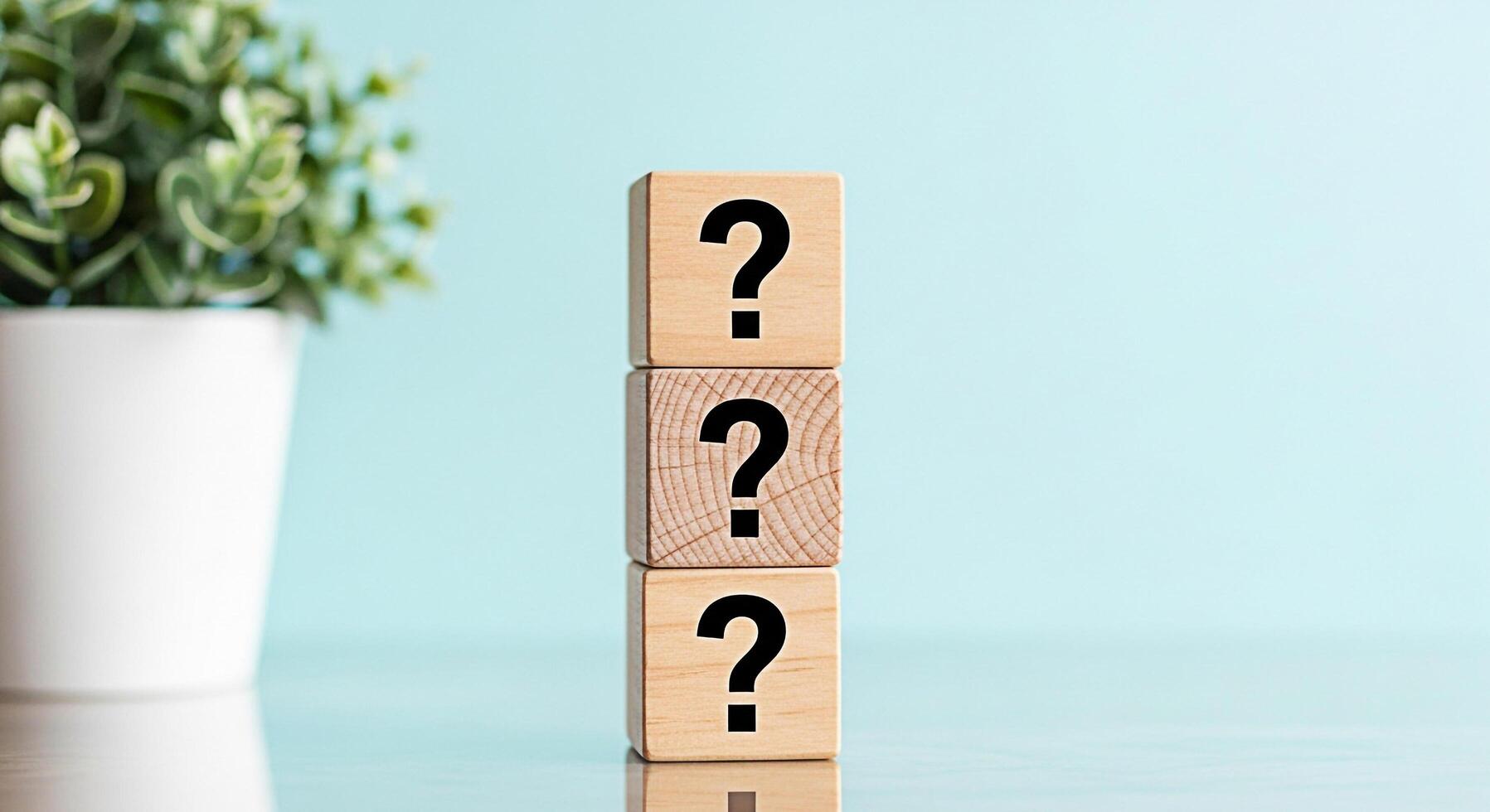 Stacked wooden blocks displaying question marks in a bright studio setting symbolizing uncertainty and the search for answers with a clean minimalist aesthetic and a potted plant accent photo