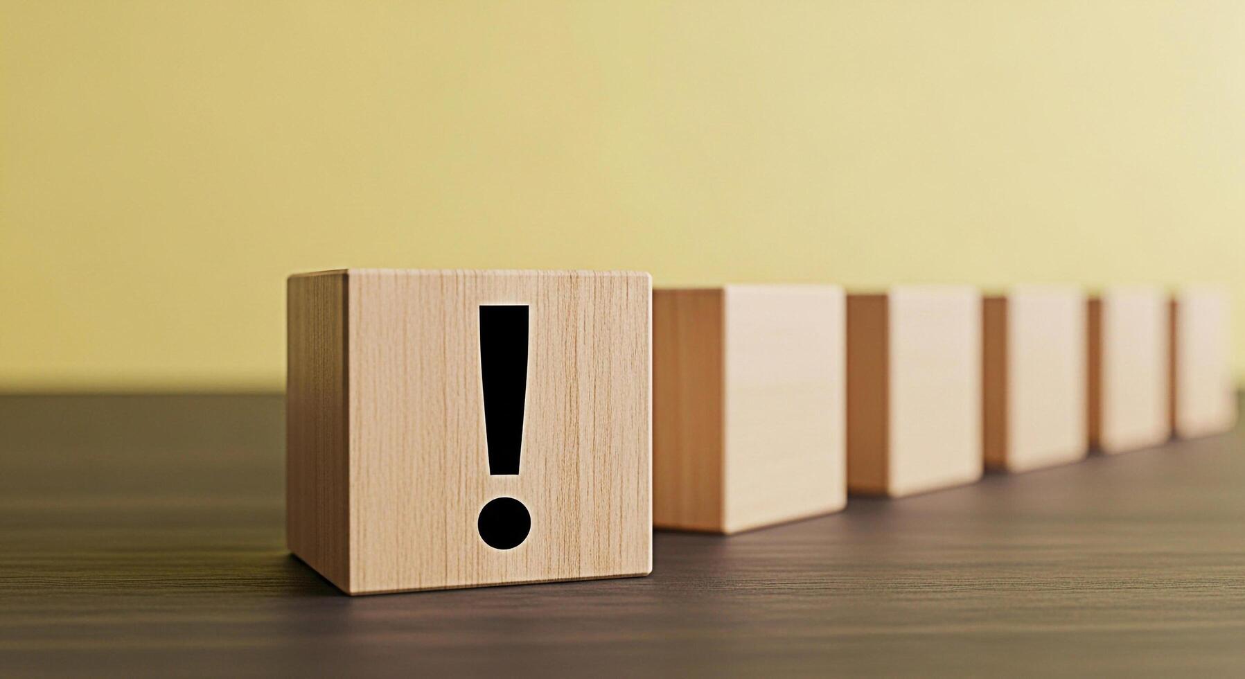 Prominent wooden block displaying an exclamation mark stands out in a row of plain blocks on a dark wooden surface against a yellow wall symbolizing importance warning and attention to detail photo