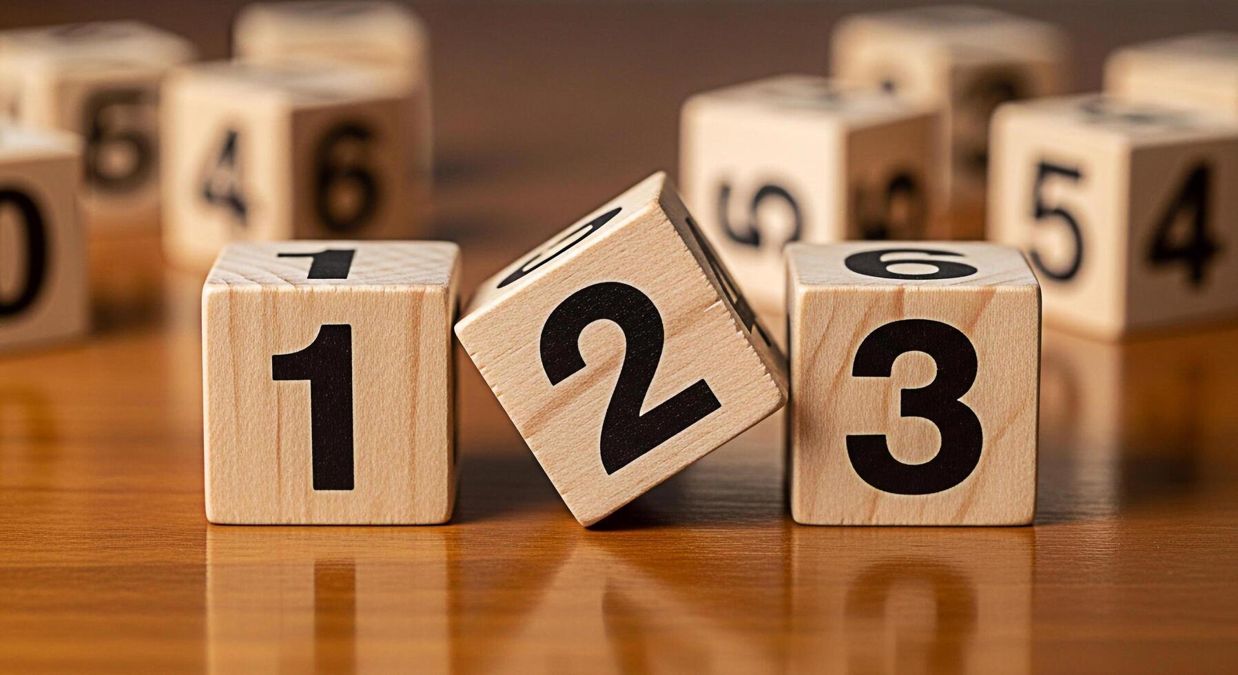 Wooden number blocks displaying sequential counting on a reflective wooden surface representing learning and early education with a playful and educational mood perfect for teaching numeracy skills photo