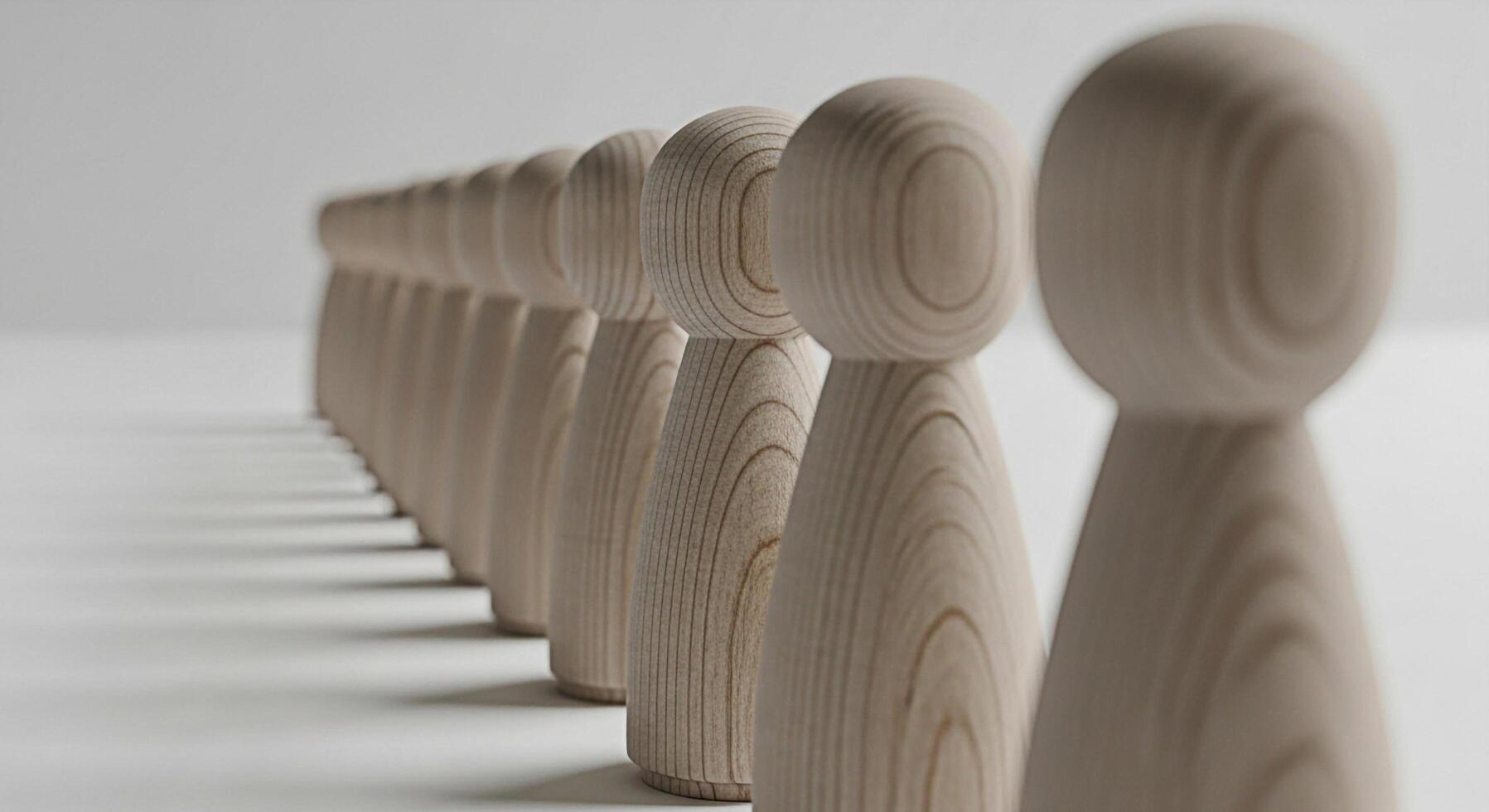 Wooden figurines standing in a row on a white surface representing unity teamwork and the importance of standing together in a minimalist and clean environment symbolizing cooperation and strength photo