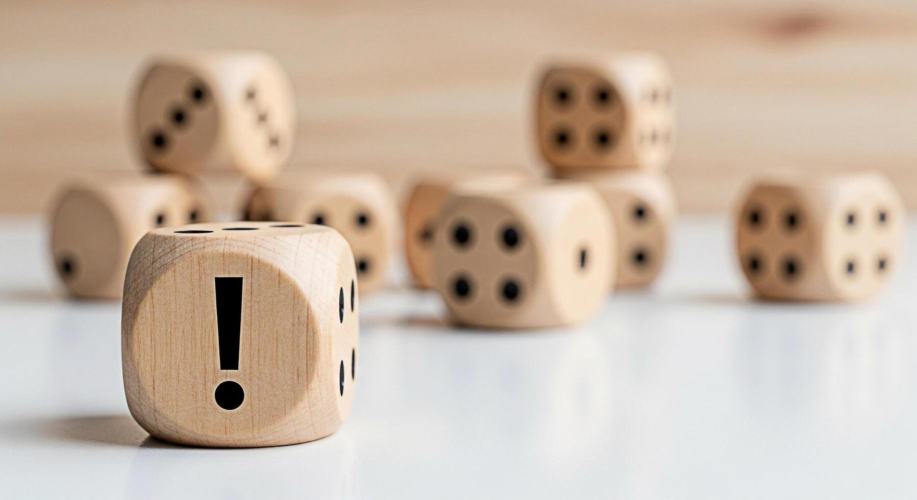 Wooden dice with an exclamation mark stands out on a white surface surrounded by other dice creating a sense of urgency and highlighting the importance of risk assessment and decisionmaking in busines photo