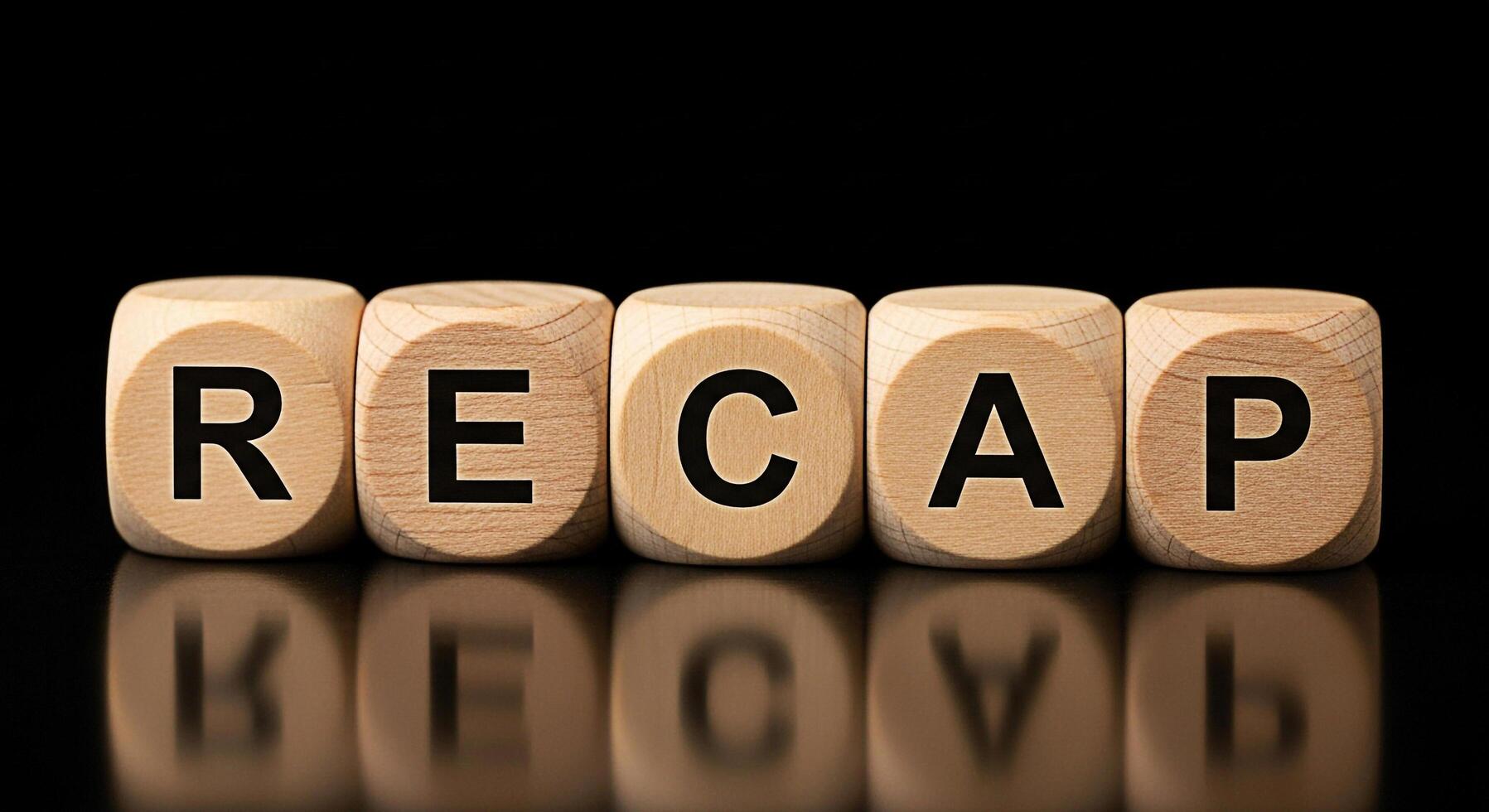 Wooden blocks spelling RECAP on a reflective black surface symbolizing a summary and review of past events creating a sense of closure and reflection in a business or educational context photo
