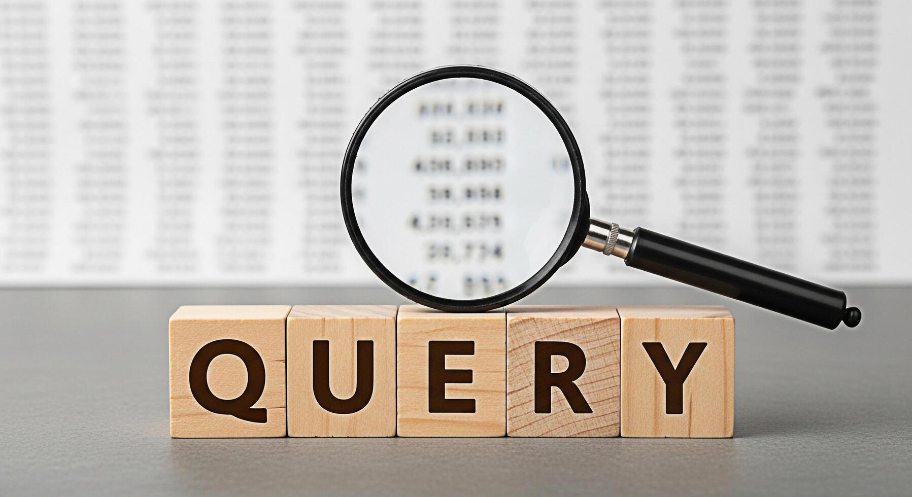 Magnifying glass inspecting the word QUERY spelled out with wooden blocks in a bright studio representing data analysis information retrieval and the importance of asking the right questions photo