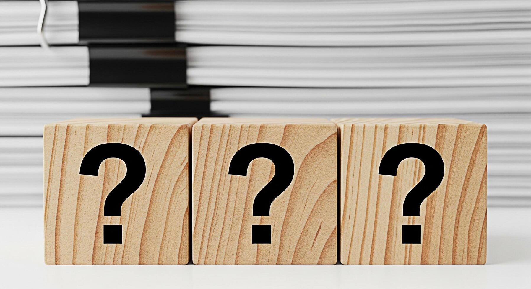 Three wooden blocks displaying question marks against a blurred stack of documents symbolizing uncertainty inquiry and the need for answers in business and decisionmaking processes photo