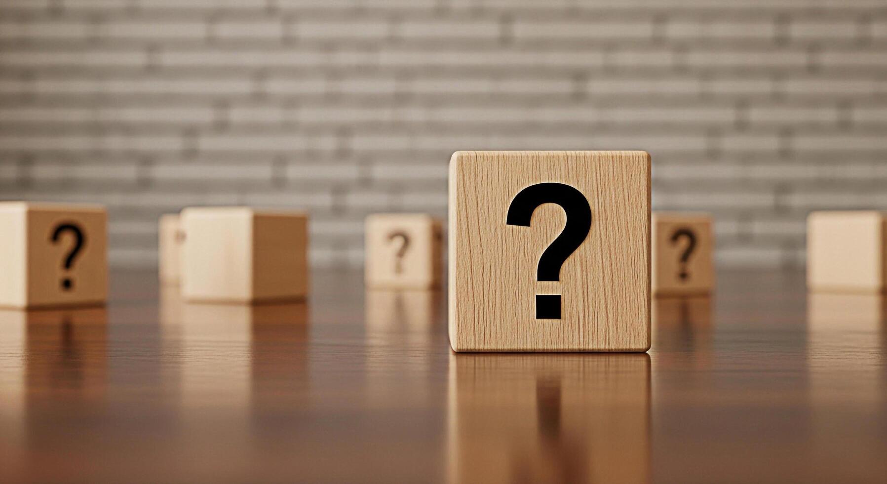 Wooden blocks displaying question marks on a reflective surface in a studio setting representing uncertainty inquiry and the search for answers in problemsolving and decisionmaking processes photo