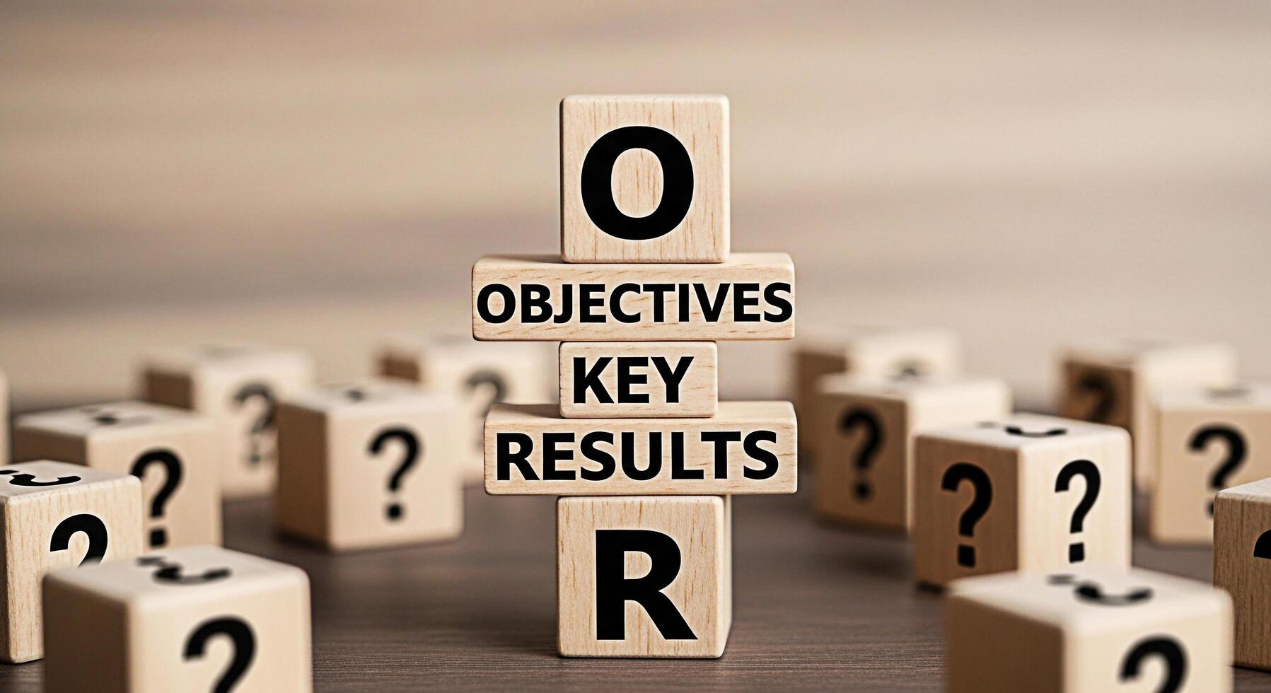 Wooden blocks spelling out OKR Objectives Key Results in a business setting surrounded by question mark blocks representing goal setting strategic planning and performance measurement with a focus on photo
