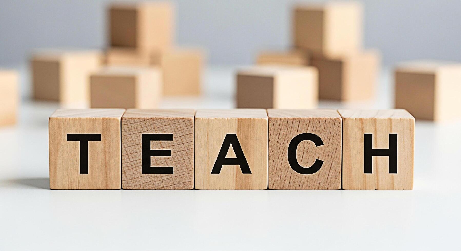 Wooden blocks spelling TEACH on a white surface representing education and learning in a classroom setting conveying a sense of knowledge growth and academic success with a focus on teaching methods photo