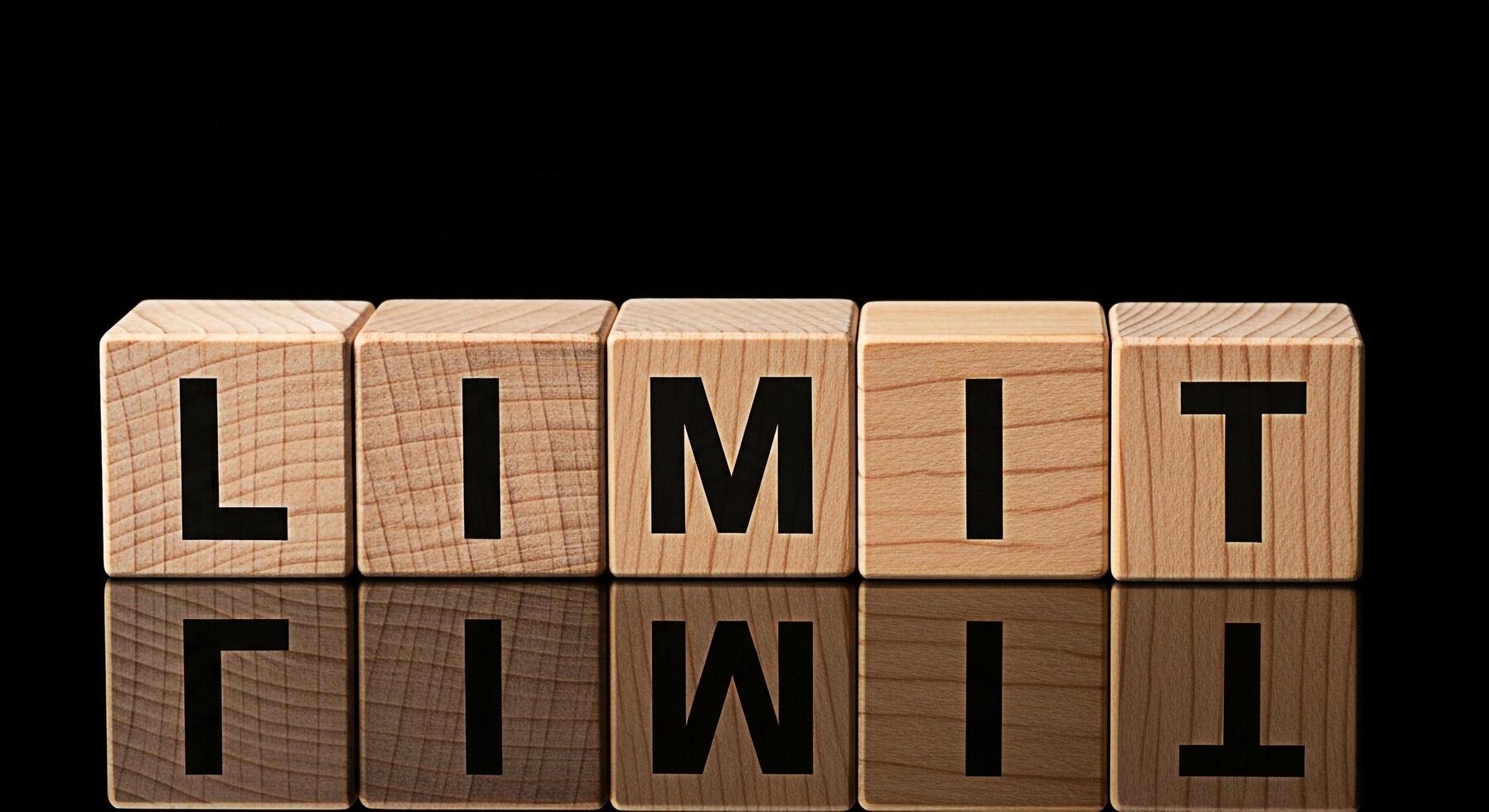 Wooden blocks spelling the word LIMIT reflecting on a glossy black surface symbolizing boundaries constraints and the importance of setting limits for personal growth and success in a controlled envir photo