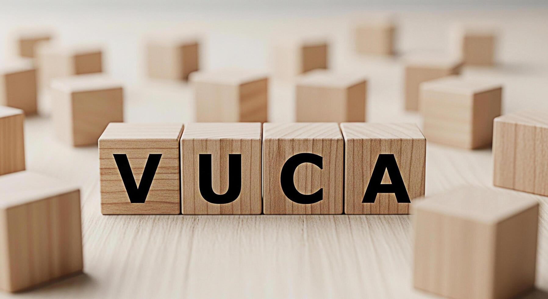 Wooden blocks spelling VUCA on a light wooden surface representing Volatility Uncertainty Complexity and Ambiguity in a business environment highlighting the challenges and strategic planning for succ photo