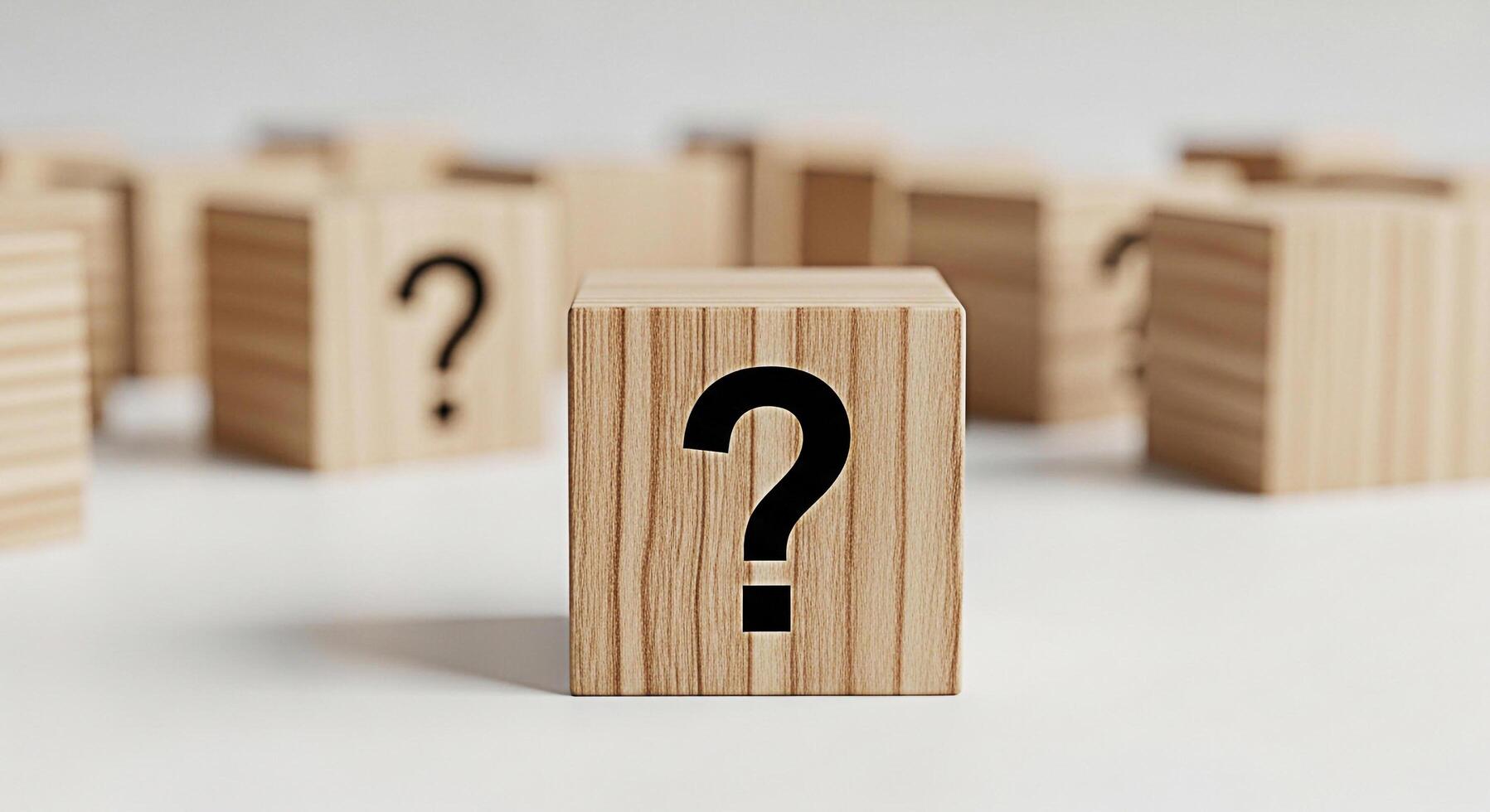 Wooden blocks displaying question marks in a bright studio setting representing curiosity uncertainty and the search for answers and solutions in business and personal life photo